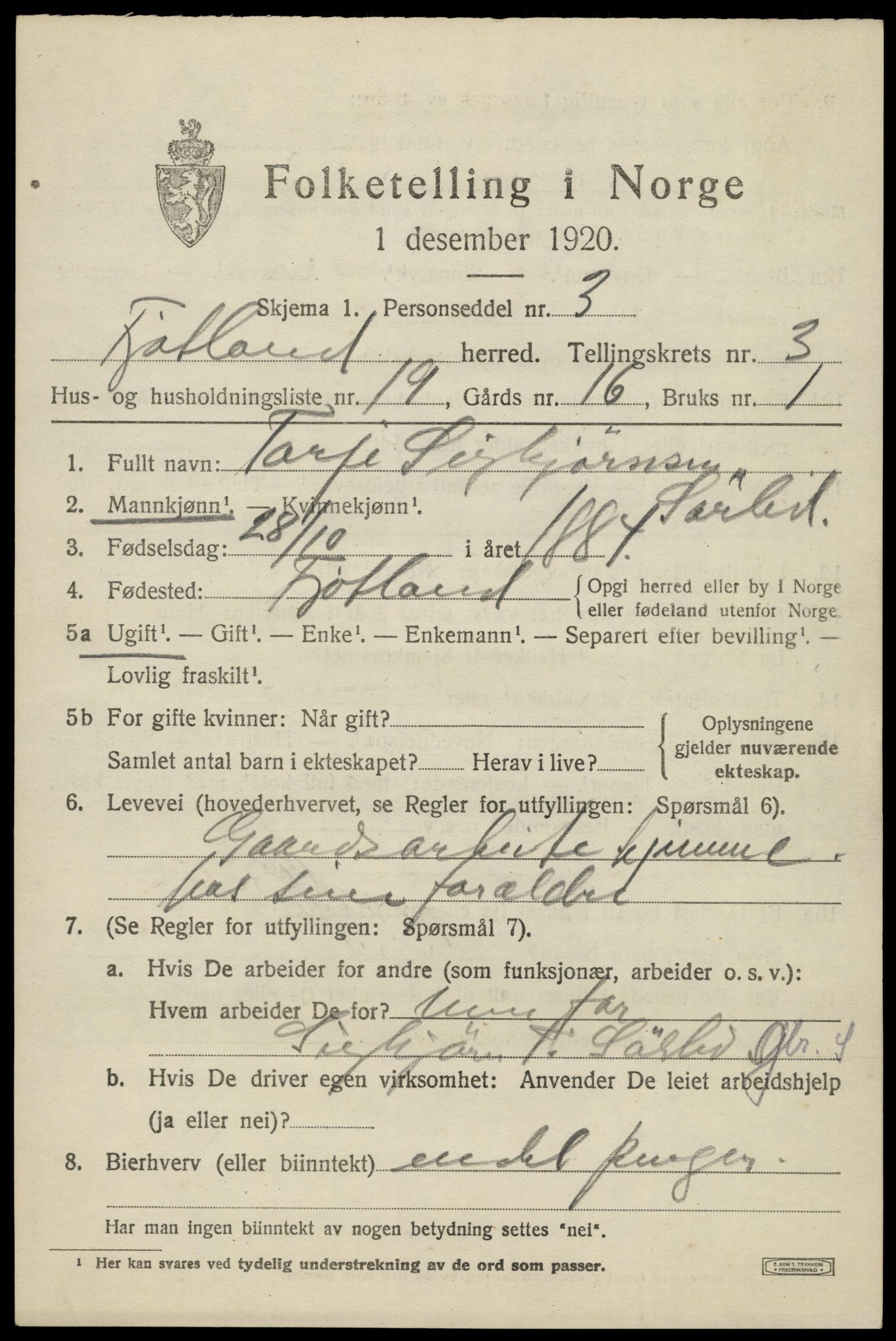 SAK, 1920 census for Fjotland, 1920, p. 1184