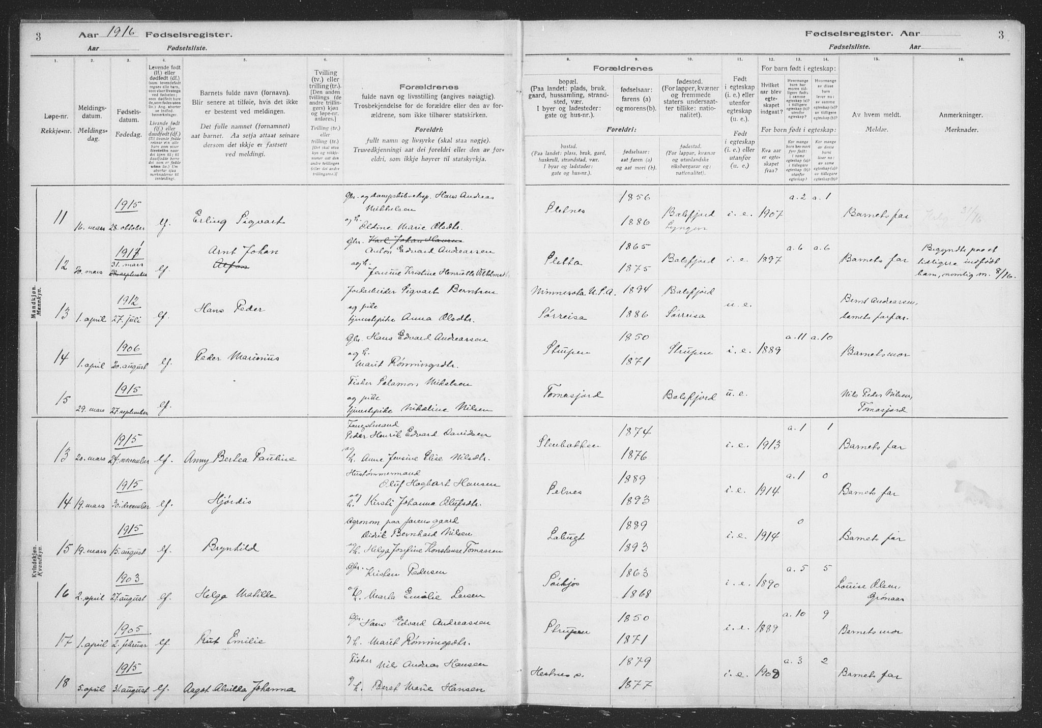 Balsfjord sokneprestembete, AV/SATØ-S-1303/H/Hb/L0059: Birth register no. 59, 1916-1930, p. 3