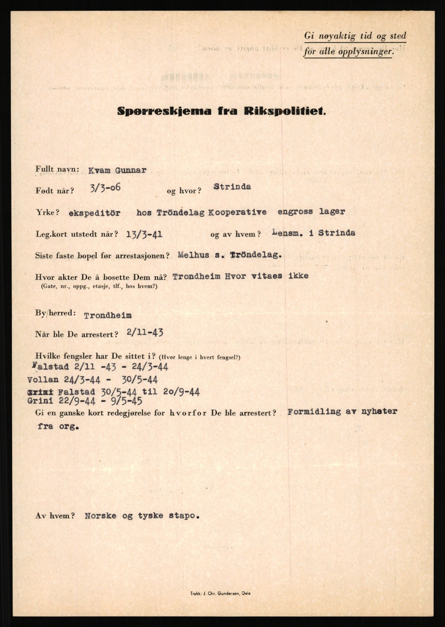 Rikspolitisjefen, AV/RA-S-1560/L/L0010: Kristianslund, Charles Ragnvald - Losvik, Einar, 1940-1945, p. 155