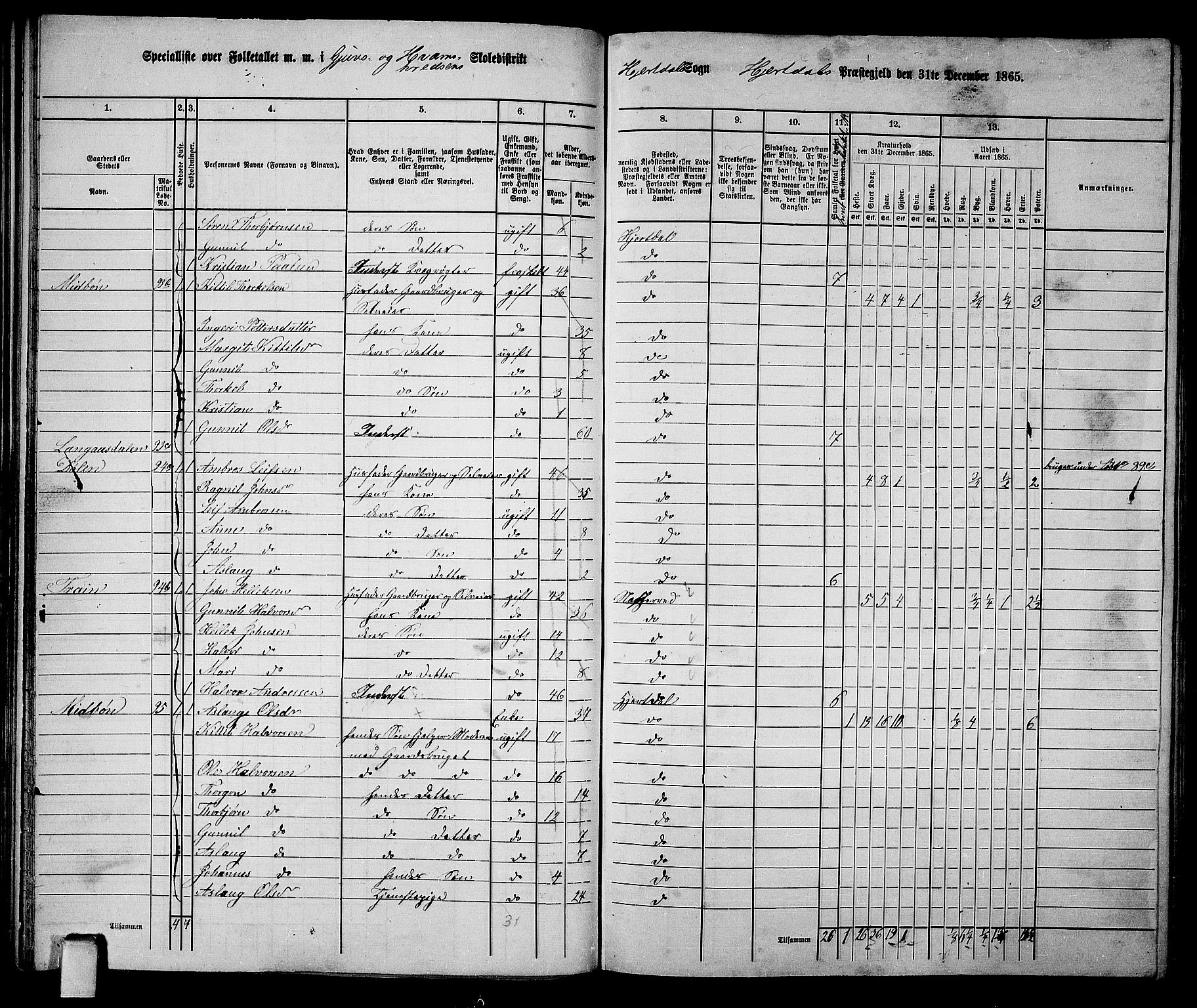 RA, 1865 census for Hjartdal, 1865, p. 43