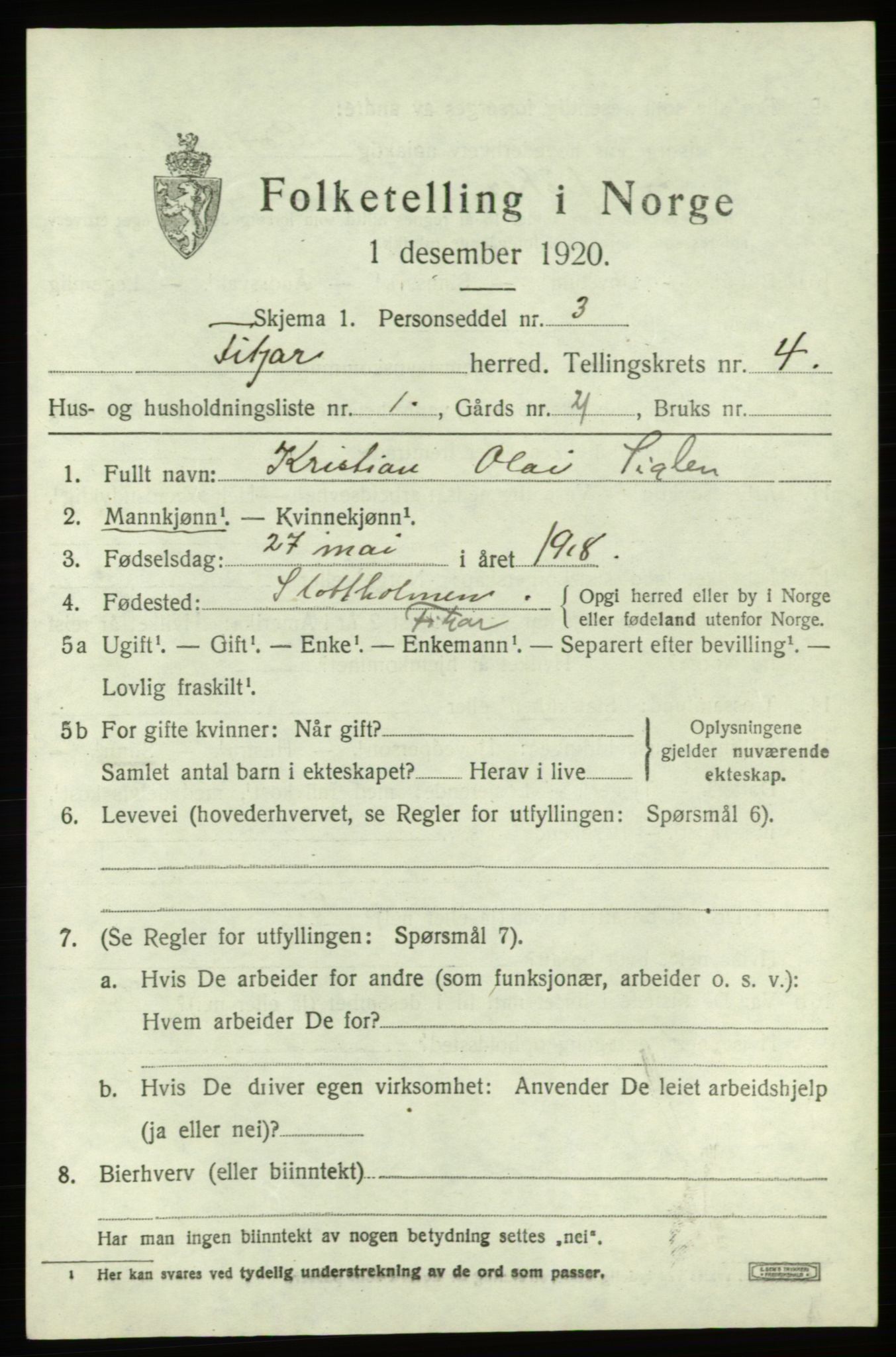 SAB, 1920 census for Fitjar, 1920, p. 2194