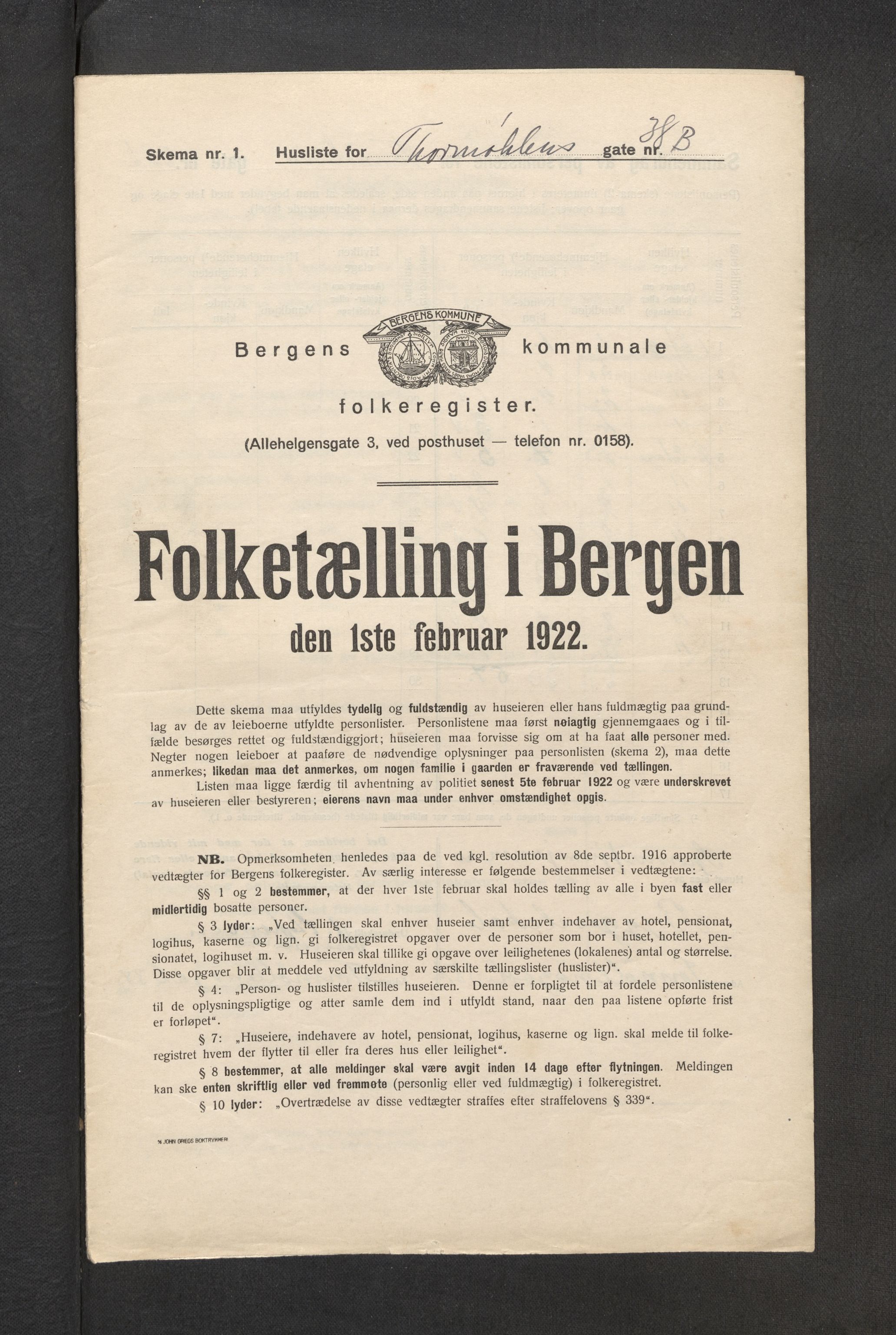 SAB, Municipal Census 1922 for Bergen, 1922, p. 43663