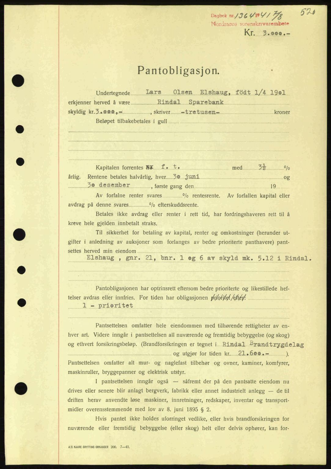 Nordmøre sorenskriveri, AV/SAT-A-4132/1/2/2Ca: Mortgage book no. B88, 1941-1942, Diary no: : 1364/1941