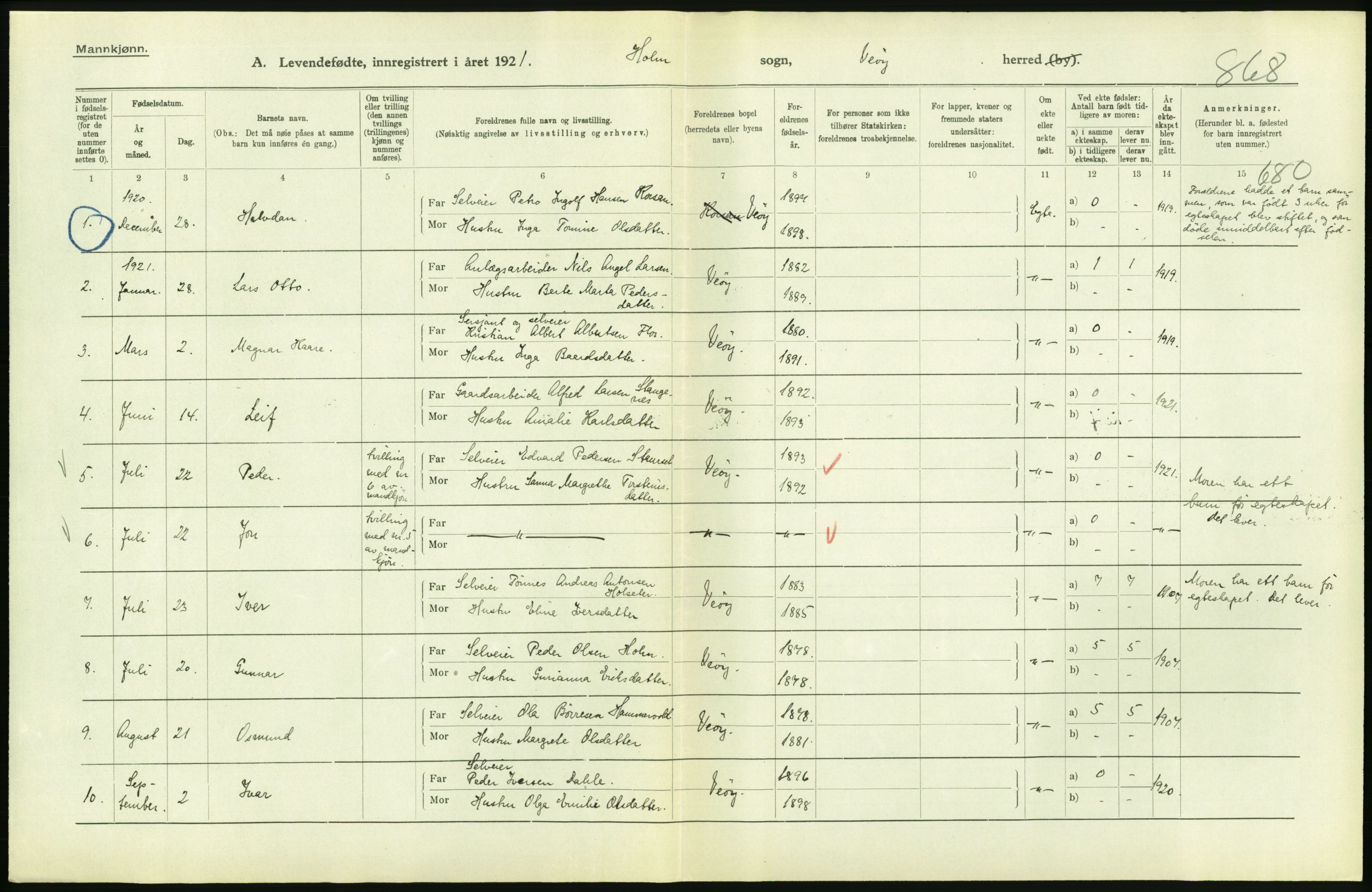 Statistisk sentralbyrå, Sosiodemografiske emner, Befolkning, AV/RA-S-2228/D/Df/Dfc/Dfca/L0040: Møre fylke: Levendefødte menn og kvinner. Bygder., 1921, p. 358