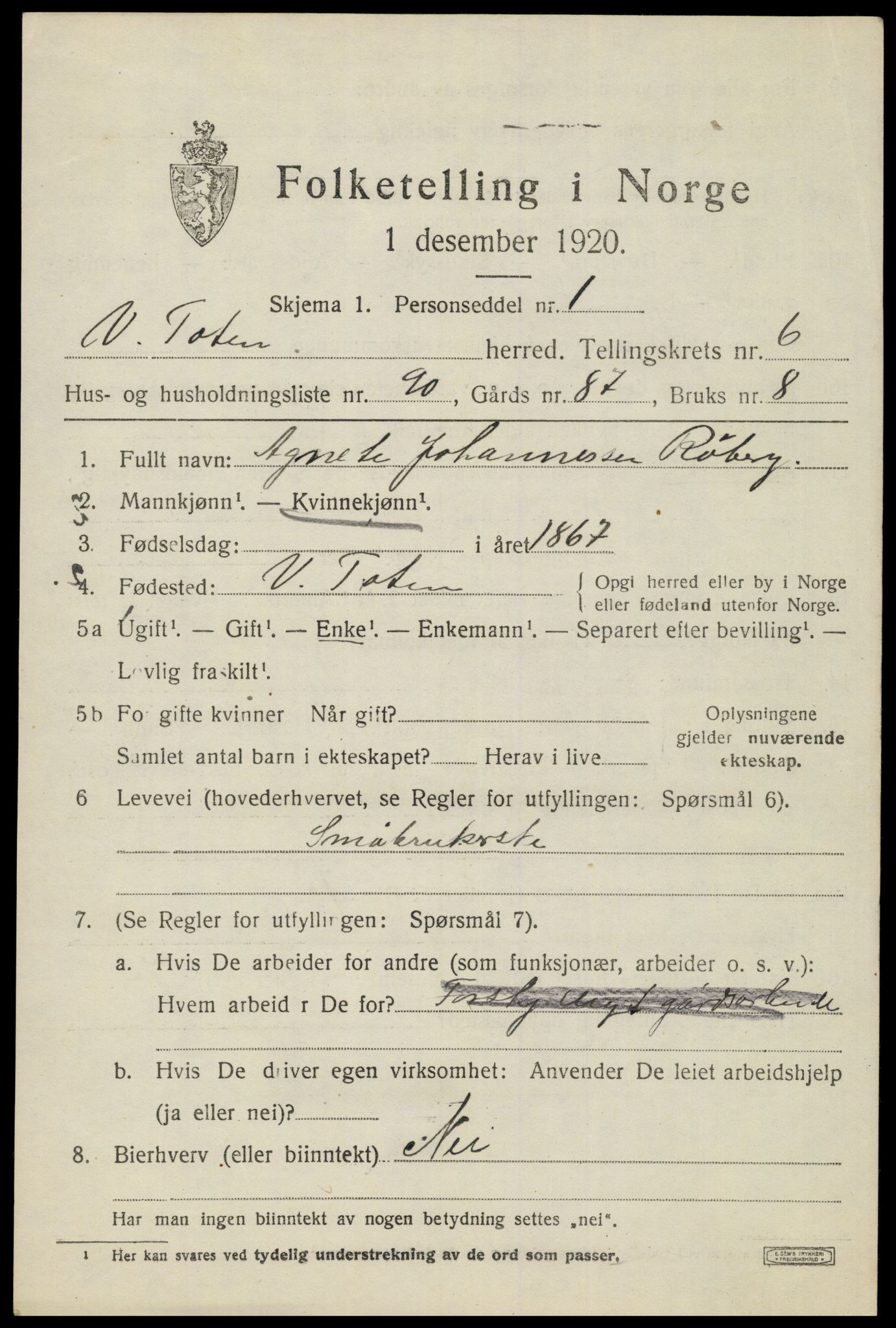 SAH, 1920 census for Vestre Toten, 1920, p. 9218