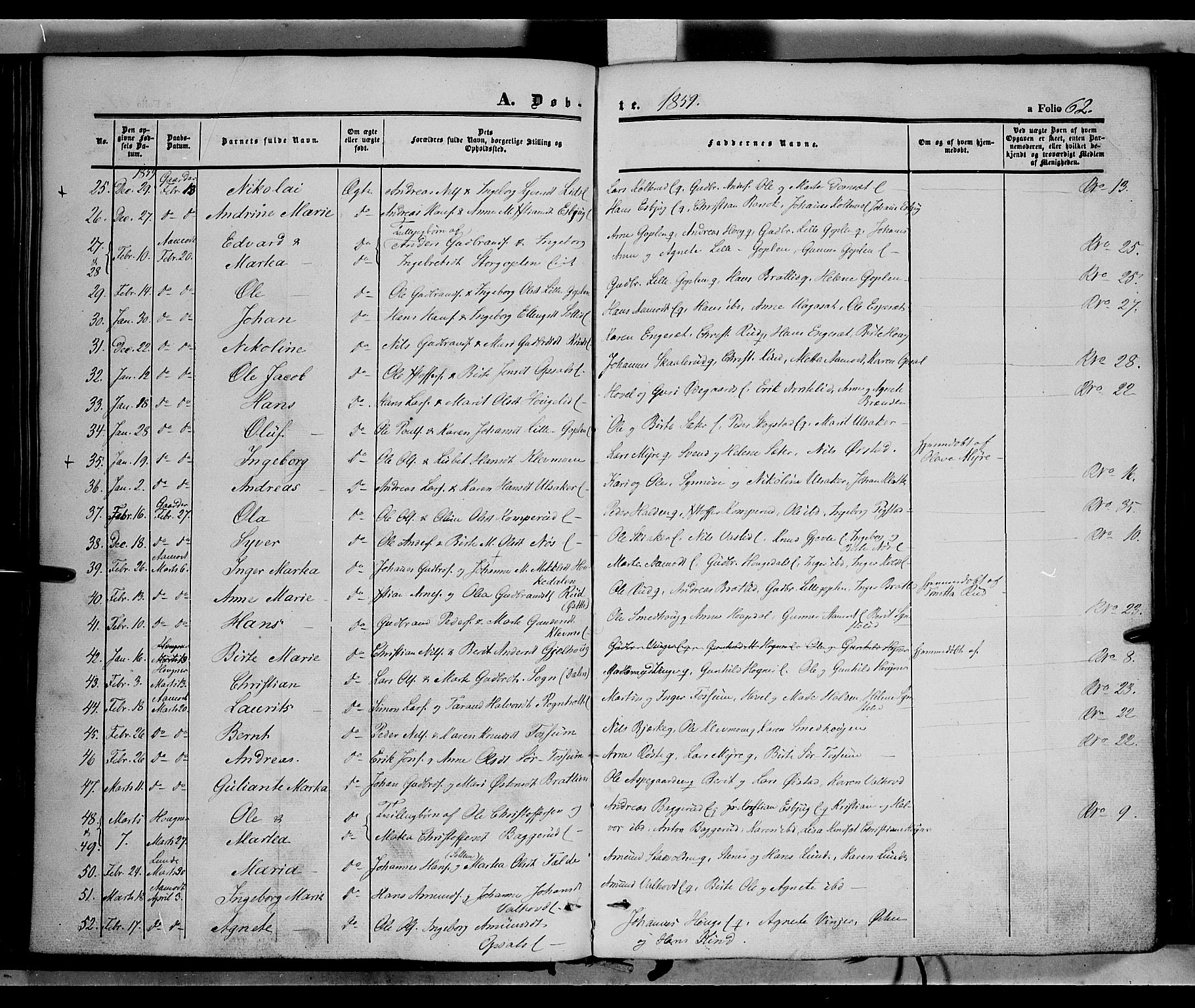 Land prestekontor, SAH/PREST-120/H/Ha/Haa/L0010: Parish register (official) no. 10, 1847-1859, p. 62