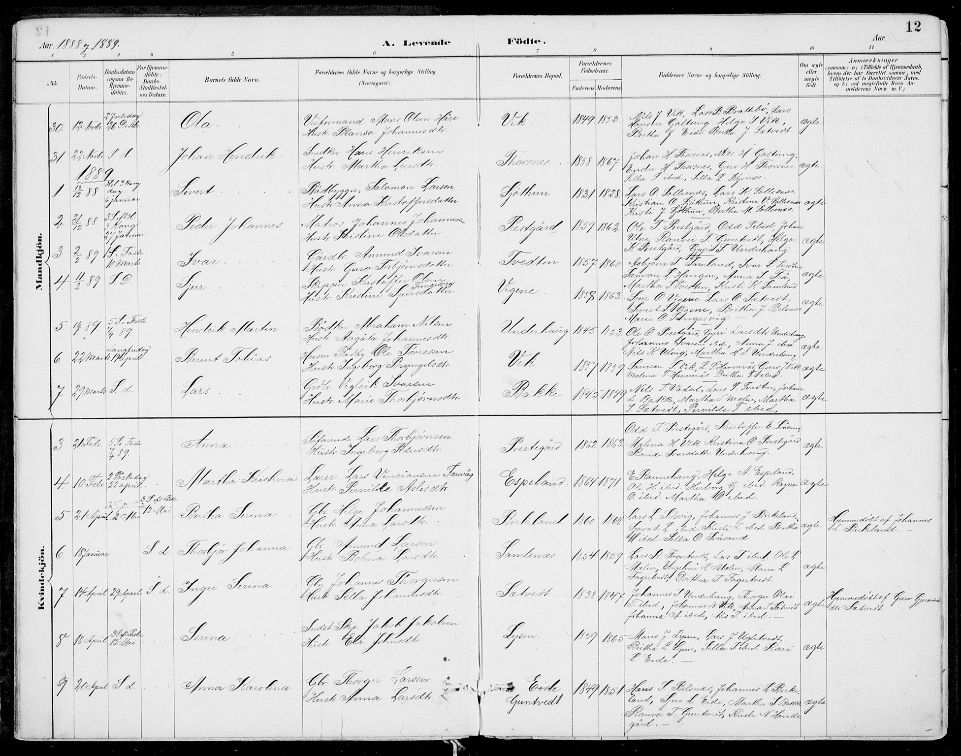 Strandebarm sokneprestembete, SAB/A-78401/H/Haa: Parish register (official) no. E  1, 1886-1908, p. 12