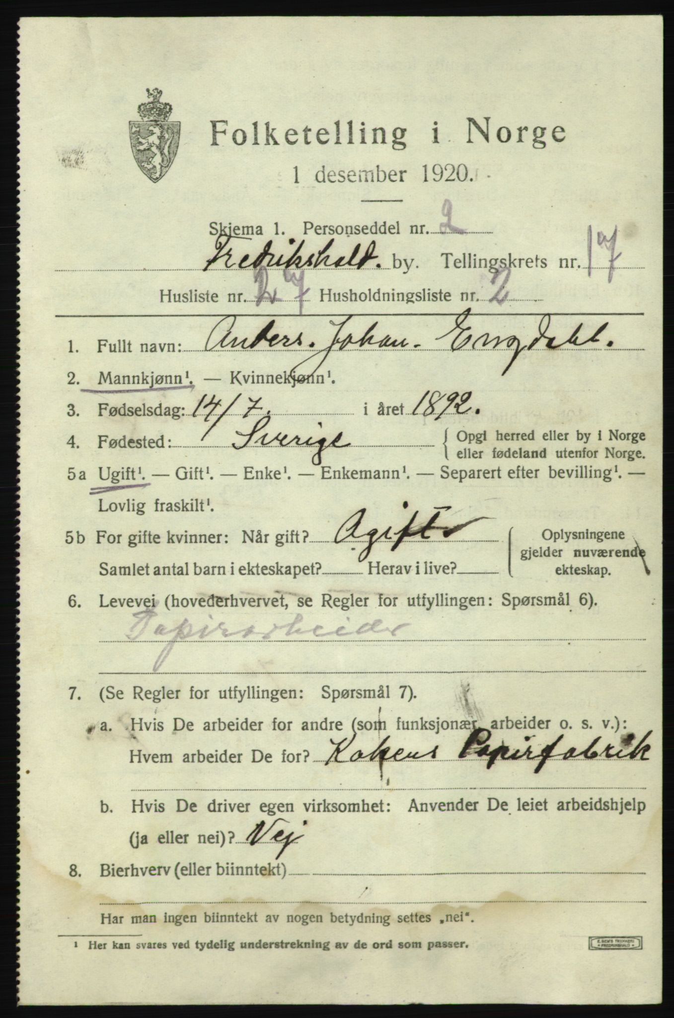 SAO, 1920 census for Fredrikshald, 1920, p. 26532