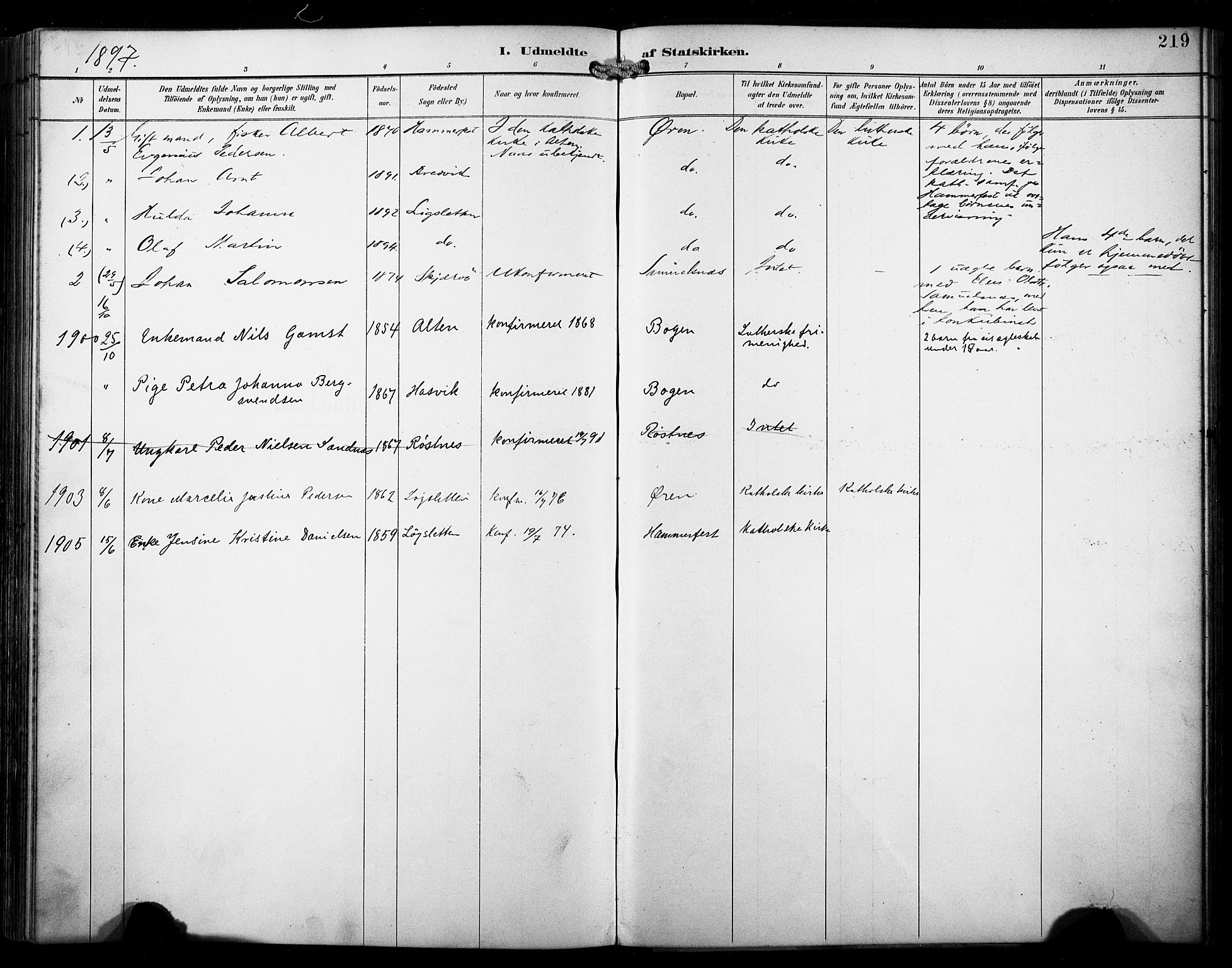 Loppa sokneprestkontor, SATØ/S-1339/H/Ha/L0009kirke: Parish register (official) no. 9, 1895-1909, p. 219