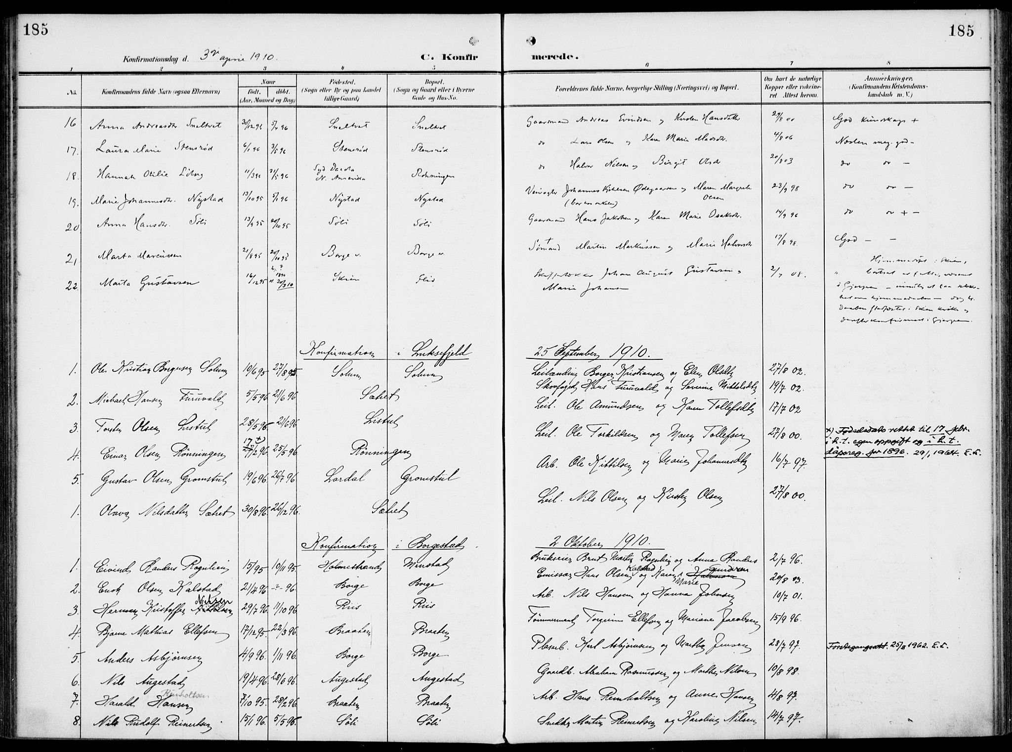 Gjerpen kirkebøker, SAKO/A-265/F/Fa/L0012: Parish register (official) no. I 12, 1905-1913, p. 185