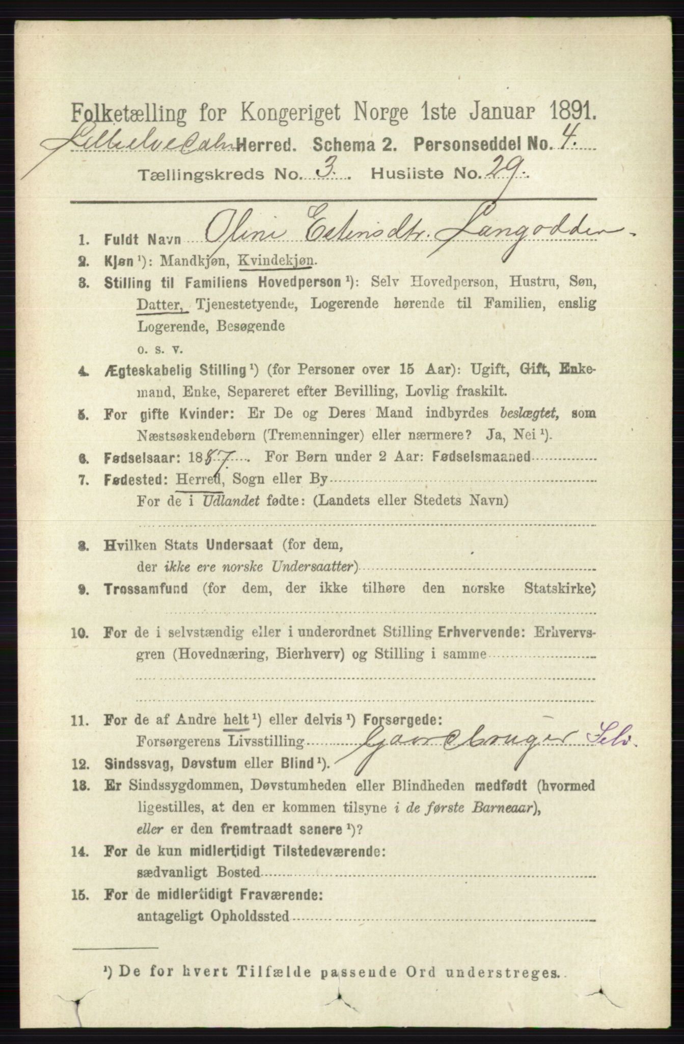 RA, 1891 census for 0438 Lille Elvedalen, 1891, p. 1275