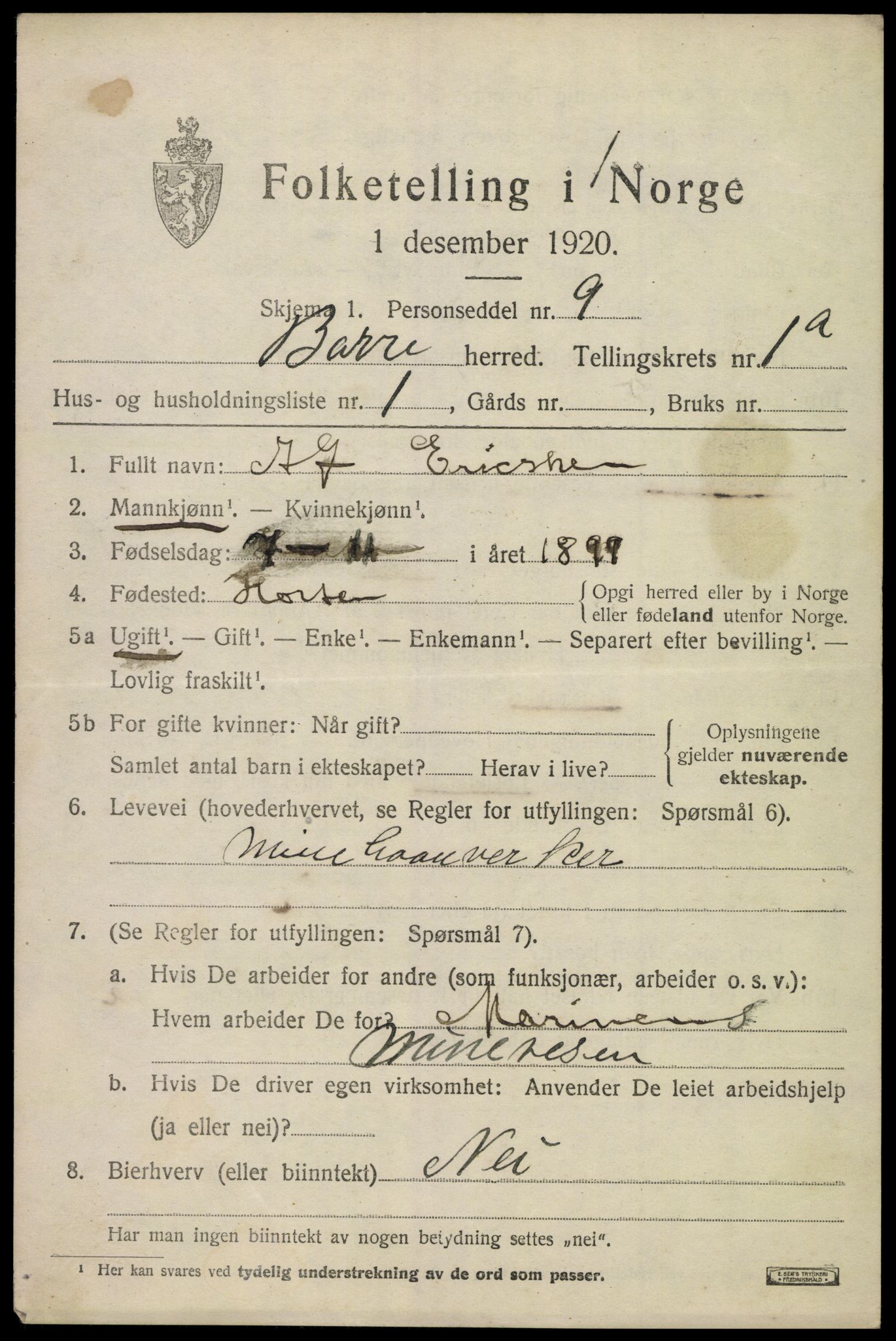 SAKO, 1920 census for Borre, 1920, p. 1394