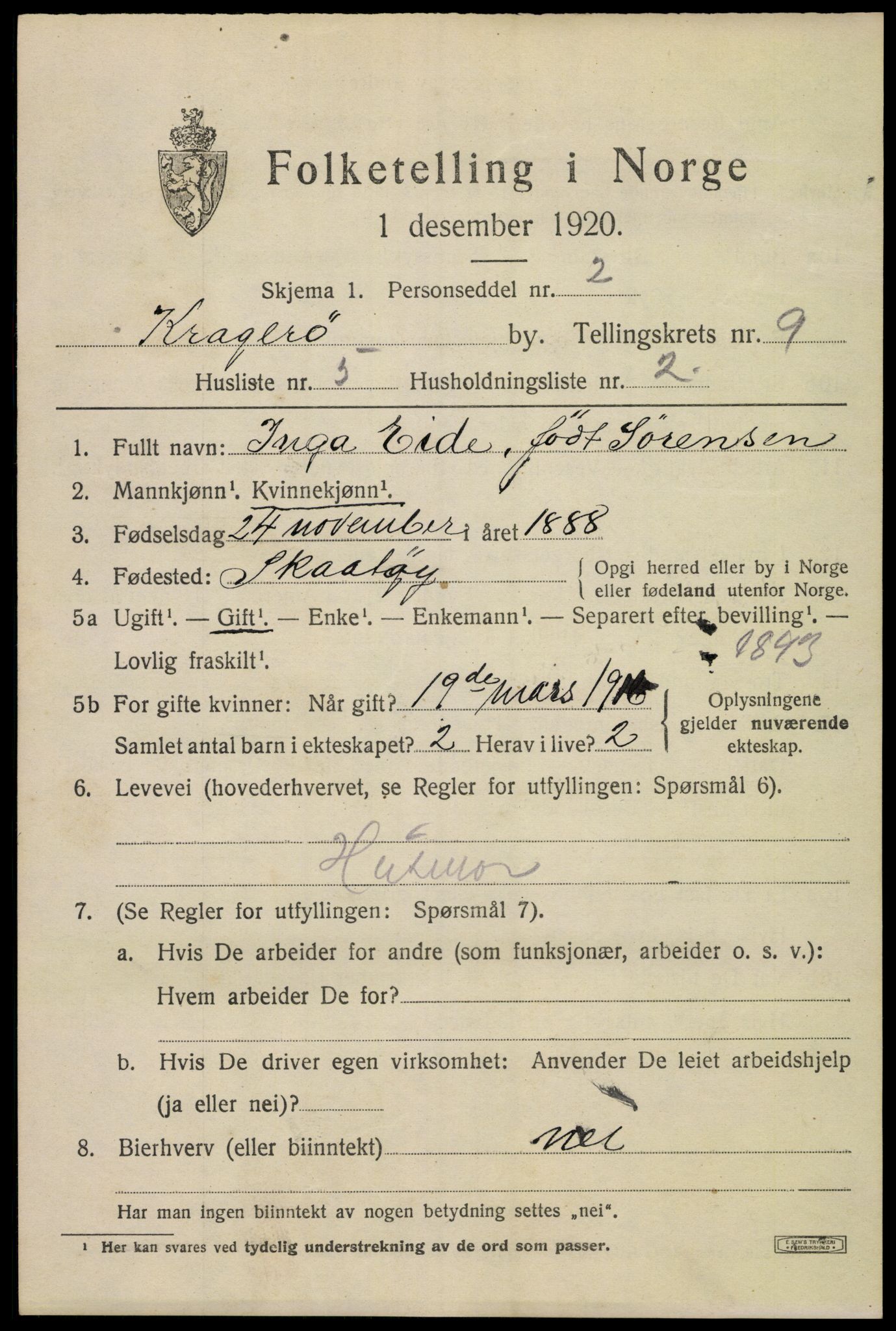 SAKO, 1920 census for Kragerø, 1920, p. 12003