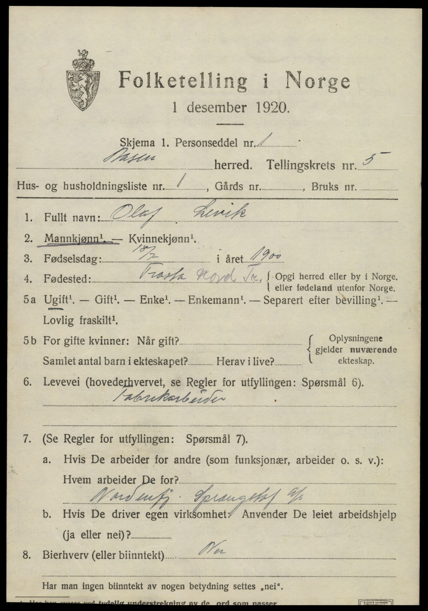 SAT, 1920 census for Åsen, 1920, p. 4012