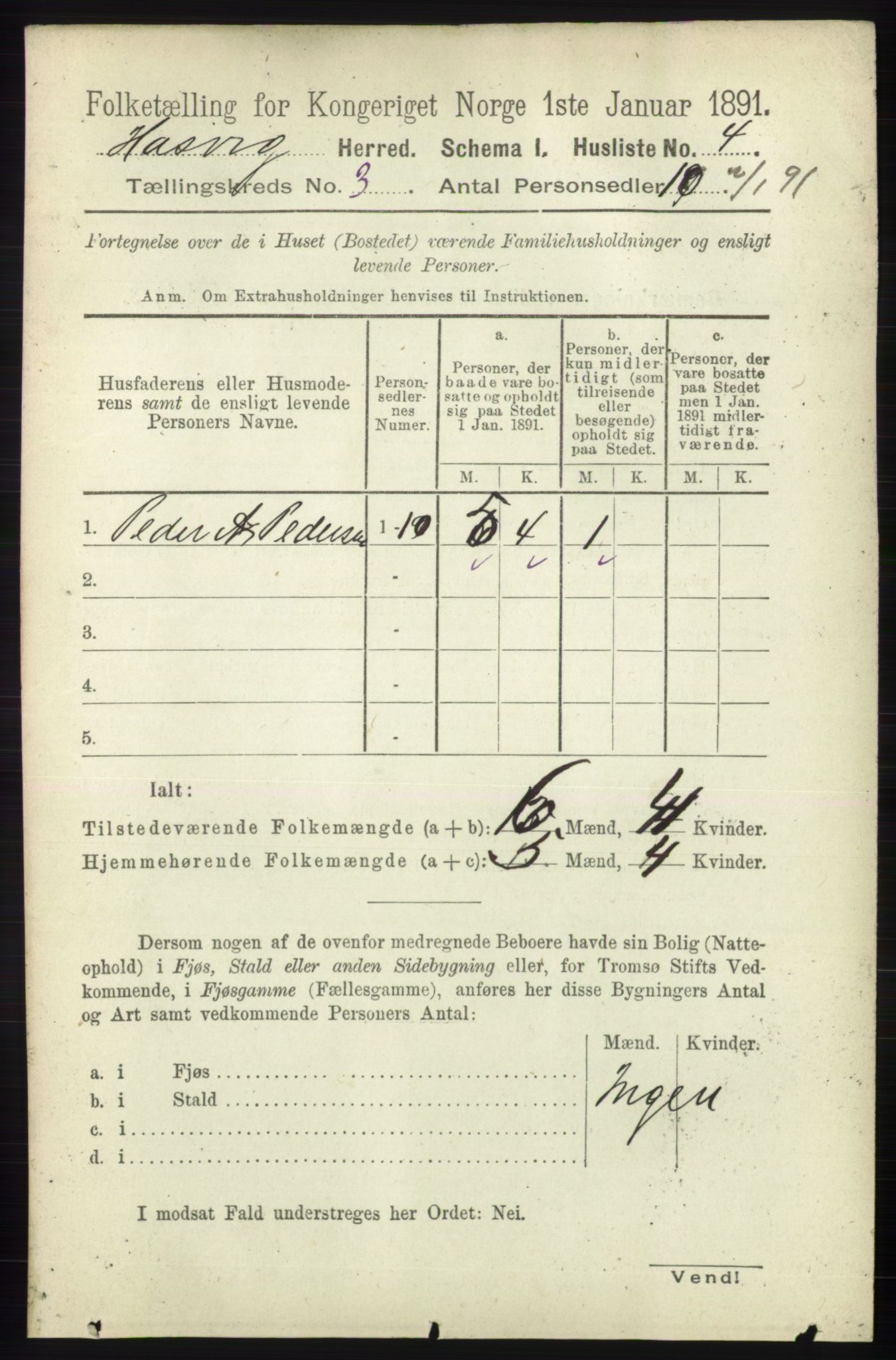 RA, 1891 census for 2015 Hasvik, 1891, p. 392