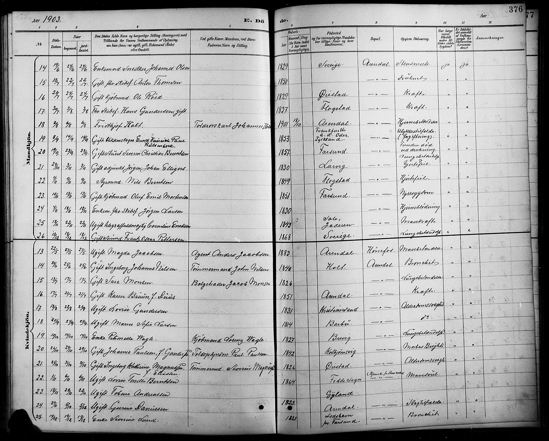 Arendal sokneprestkontor, Trefoldighet, AV/SAK-1111-0040/F/Fb/L0006: Parish register (copy) no. B 6, 1889-1916, p. 376