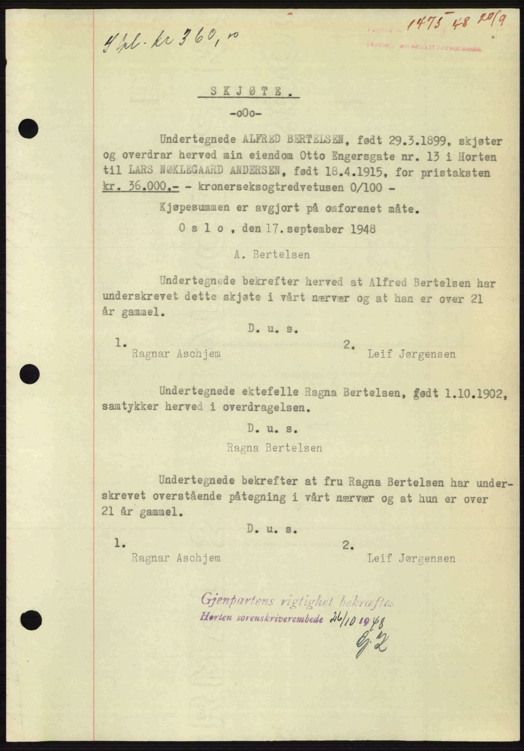 Horten sorenskriveri, AV/SAKO-A-133/G/Ga/Gaa/L0011: Mortgage book no. A-11, 1948-1948, Diary no: : 1475/1948