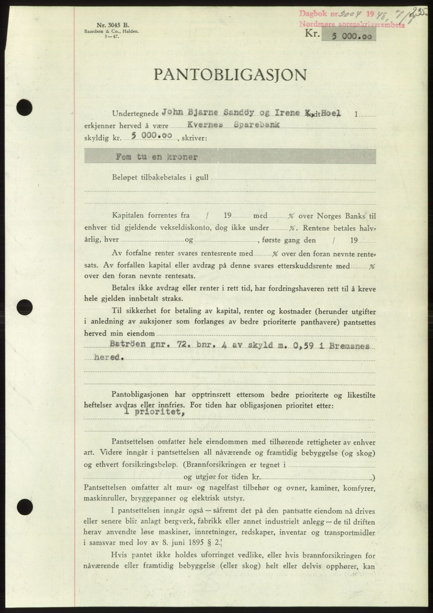 Nordmøre sorenskriveri, AV/SAT-A-4132/1/2/2Ca: Mortgage book no. B99, 1948-1948, Diary no: : 2004/1948