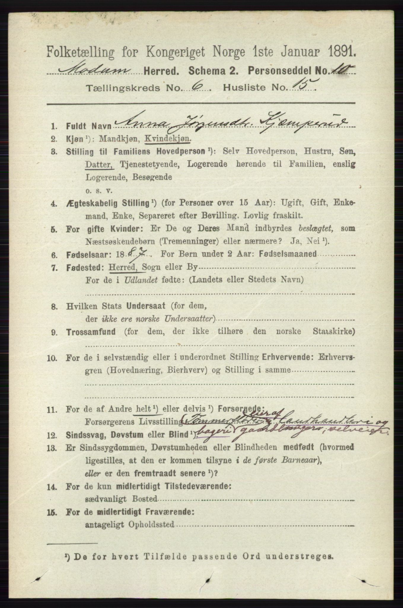 RA, 1891 census for 0623 Modum, 1891, p. 2243