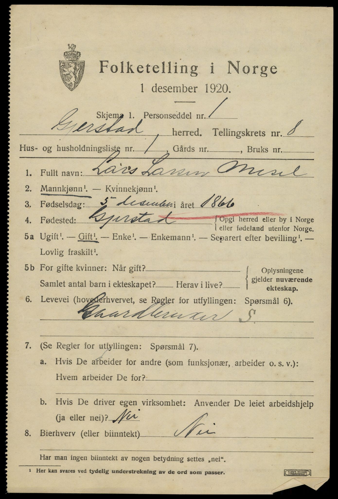 SAK, 1920 census for Gjerstad, 1920, p. 5263