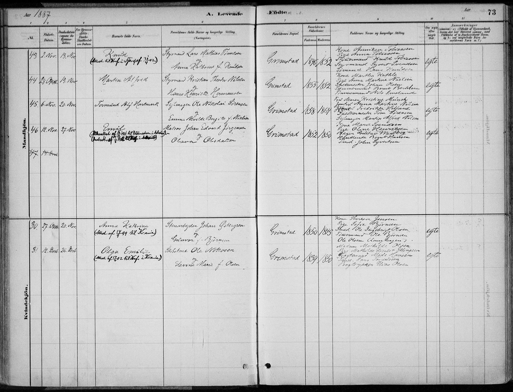 Grimstad sokneprestkontor, SAK/1111-0017/F/Fa/L0003: Parish register (official) no. A 2, 1882-1912, p. 73