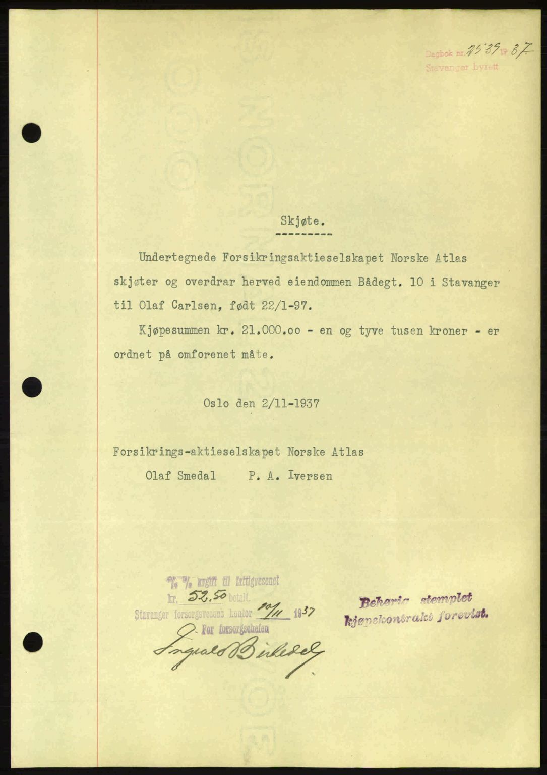 Stavanger byrett, SAST/A-100455/002/G/Gb/L0013: Mortgage book no. A3, 1937-1938, Diary no: : 2539/1937