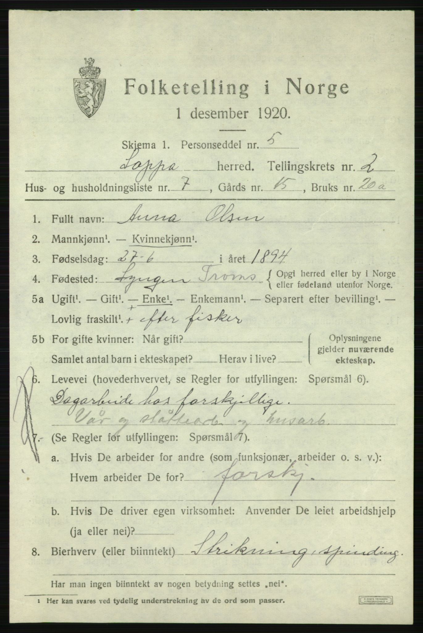 SATØ, 1920 census for Loppa, 1920, p. 892