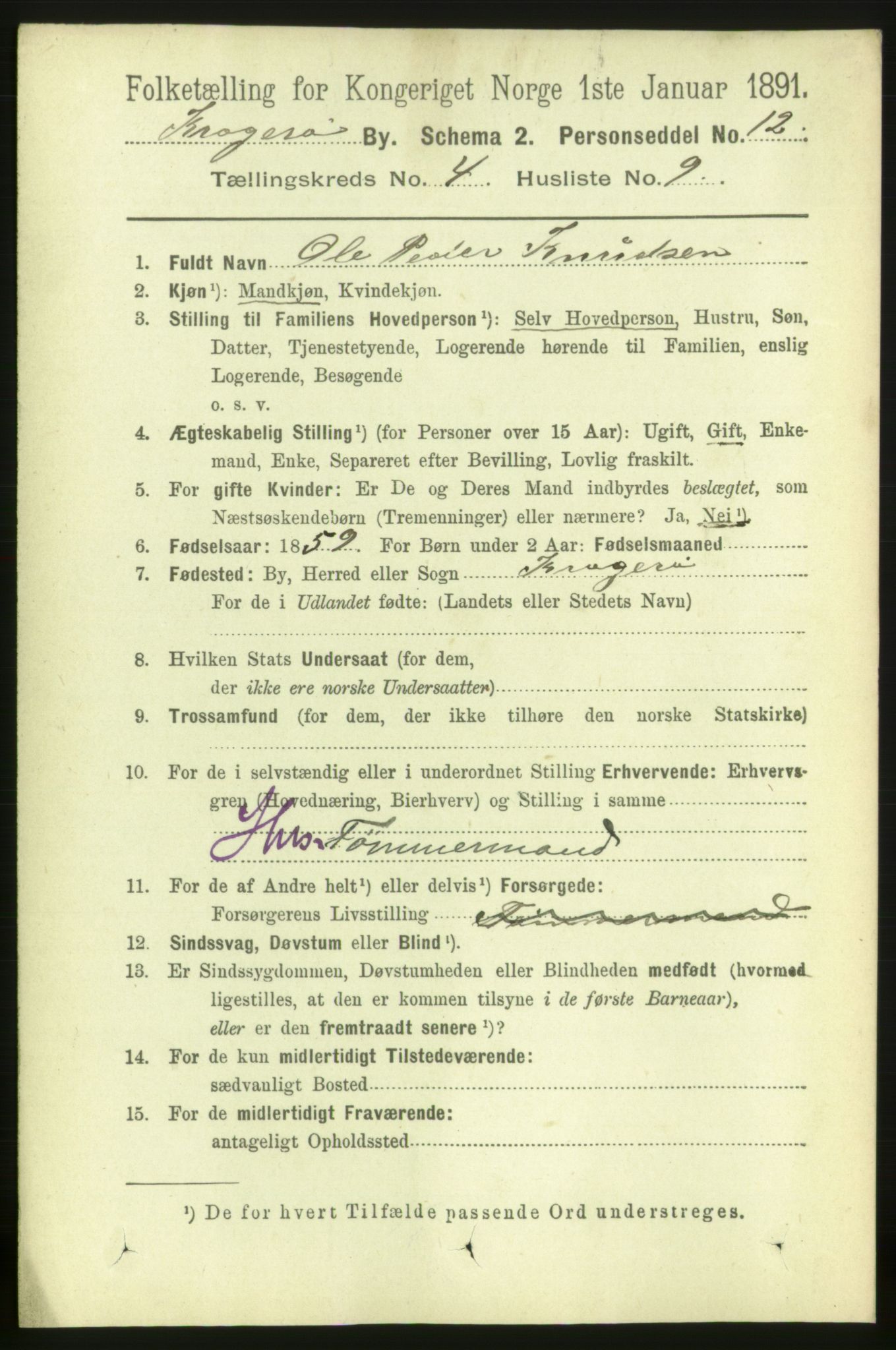 RA, 1891 census for 0801 Kragerø, 1891, p. 2882