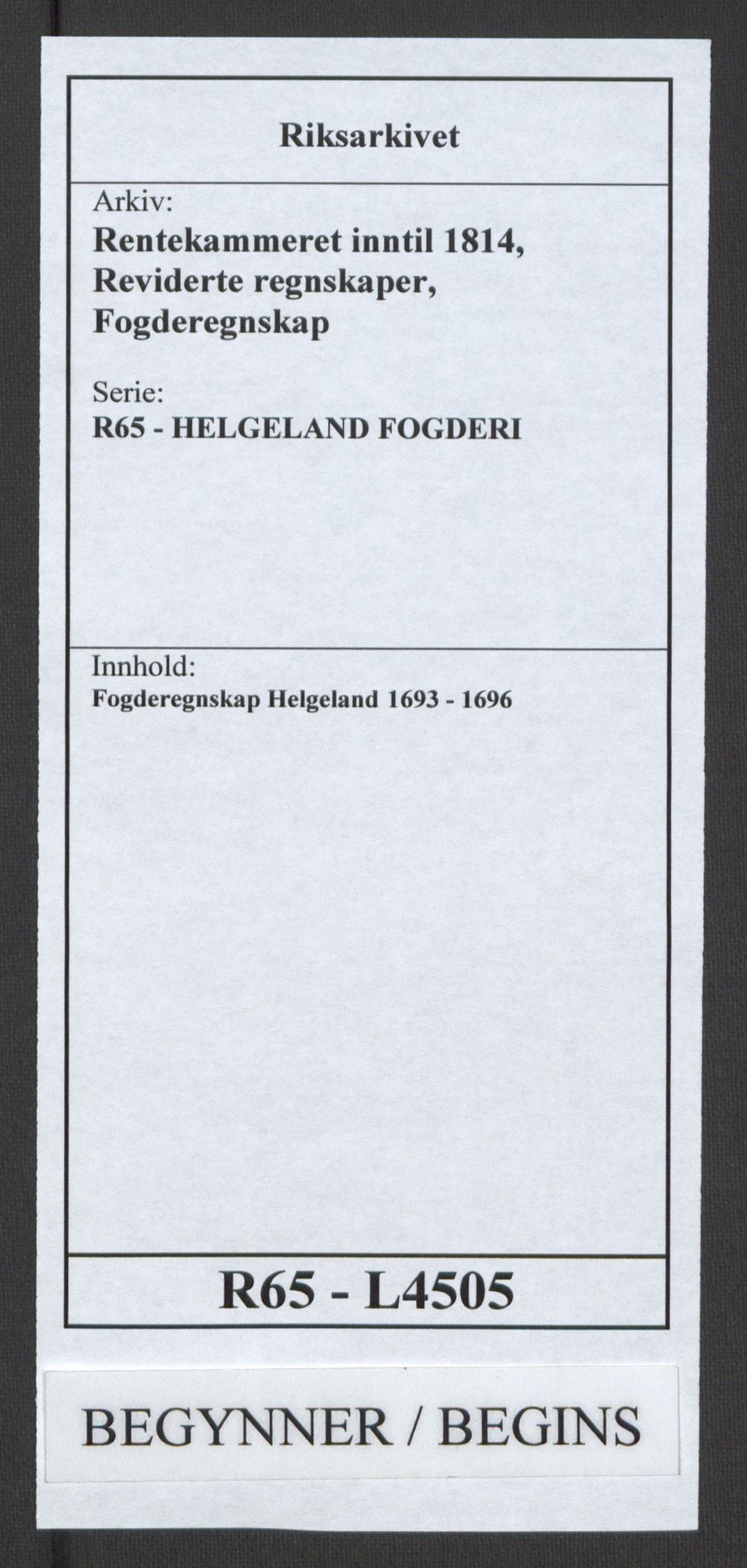 Rentekammeret inntil 1814, Reviderte regnskaper, Fogderegnskap, RA/EA-4092/R65/L4505: Fogderegnskap Helgeland, 1693-1696, p. 1