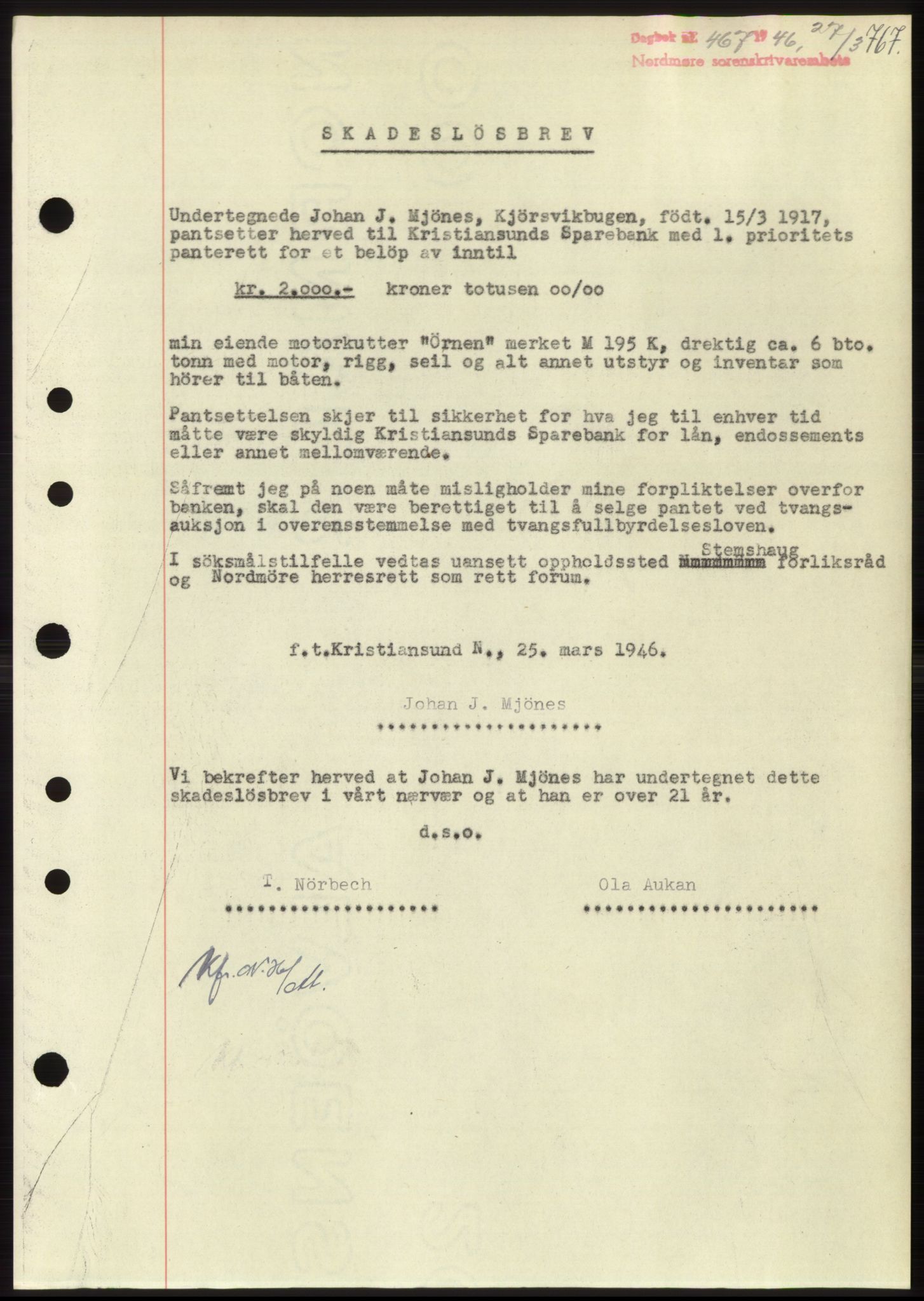 Nordmøre sorenskriveri, AV/SAT-A-4132/1/2/2Ca: Mortgage book no. B93b, 1946-1946, Diary no: : 467/1946