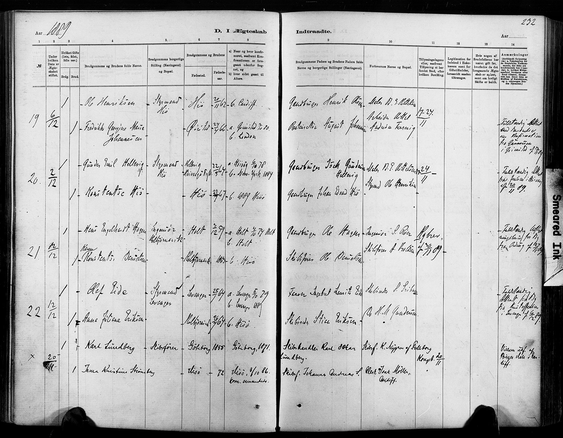 Hisøy sokneprestkontor, AV/SAK-1111-0020/F/Fa/L0003: Parish register (official) no. A 3, 1881-1894, p. 232