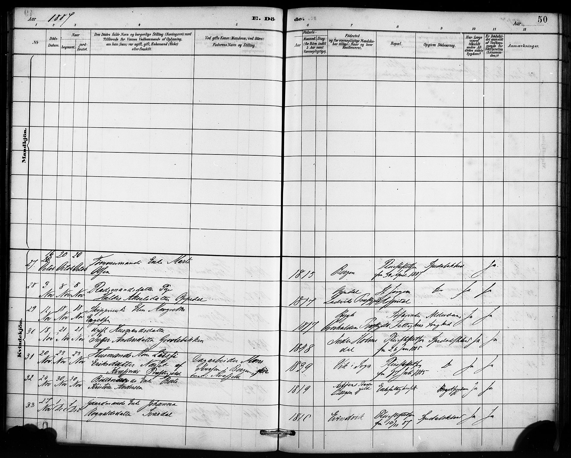 St. Jørgens hospital og Årstad sokneprestembete, AV/SAB-A-99934: Parish register (official) no. A 13, 1886-1906, p. 50