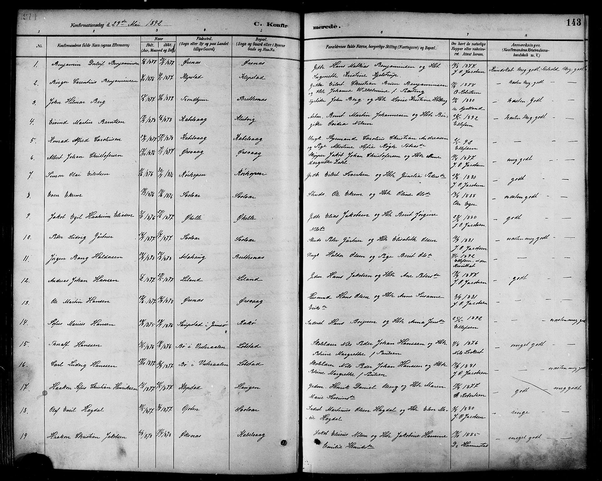 Ministerialprotokoller, klokkerbøker og fødselsregistre - Nordland, SAT/A-1459/874/L1060: Parish register (official) no. 874A04, 1890-1899, p. 143