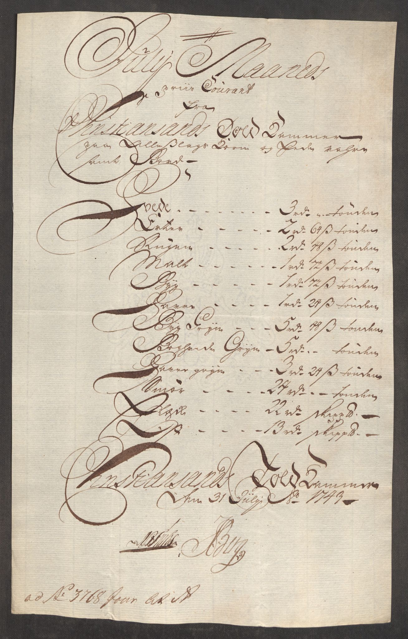 Rentekammeret inntil 1814, Realistisk ordnet avdeling, AV/RA-EA-4070/Oe/L0002: [Ø1]: Priskuranter, 1740-1744, p. 783