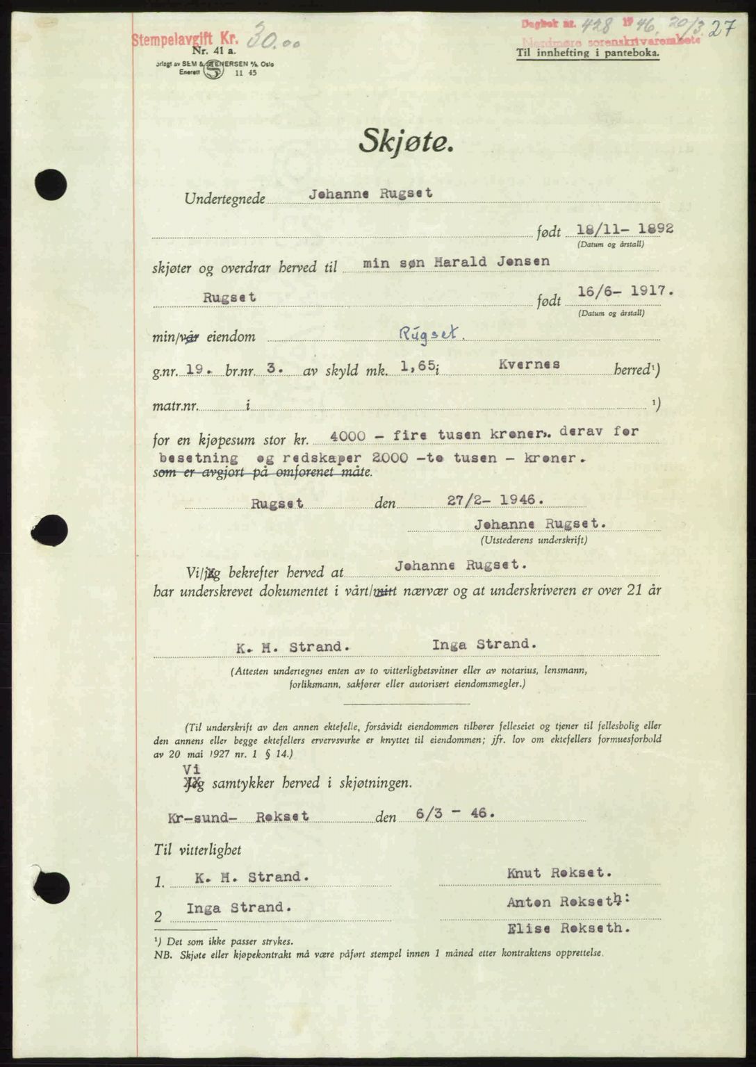 Nordmøre sorenskriveri, AV/SAT-A-4132/1/2/2Ca: Mortgage book no. A101, 1946-1946, Diary no: : 428/1946