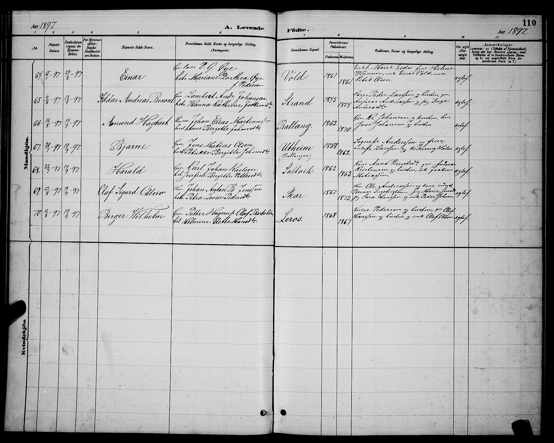 Ministerialprotokoller, klokkerbøker og fødselsregistre - Nordland, AV/SAT-A-1459/863/L0914: Parish register (copy) no. 863C04, 1886-1897, p. 110