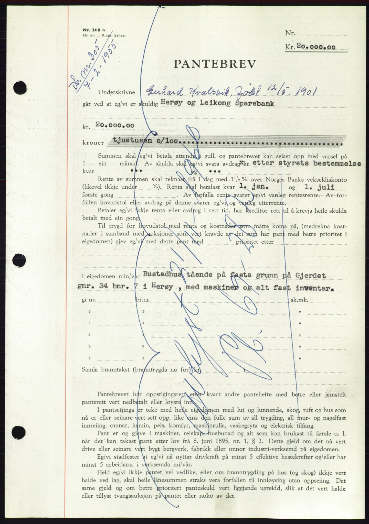 Søre Sunnmøre sorenskriveri, AV/SAT-A-4122/1/2/2C/L0126: Mortgage book no. 14B, 1954-1955, Diary no: : 305/1955