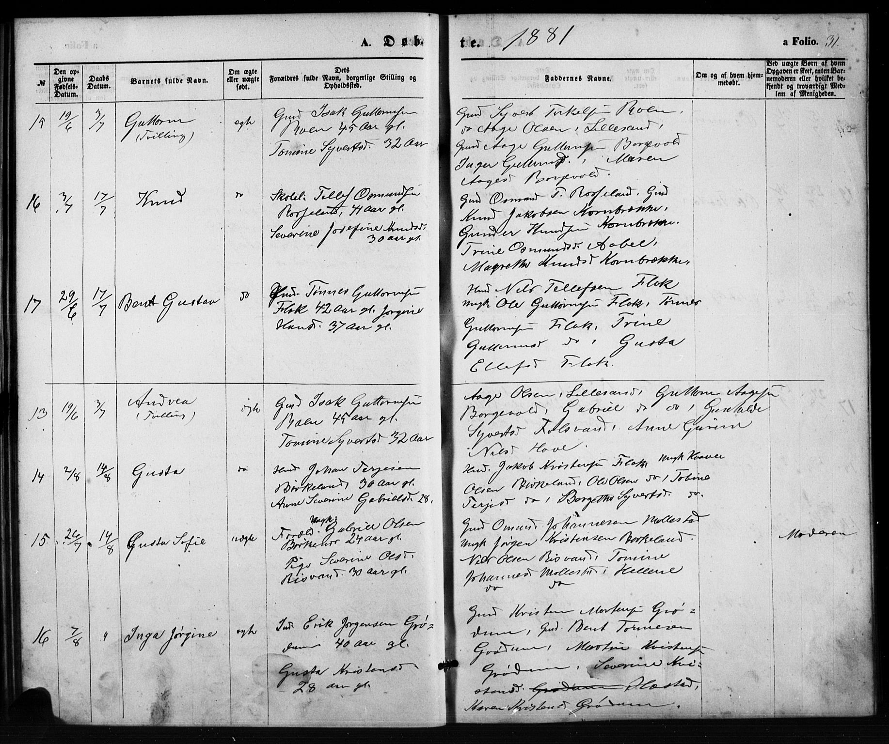 Birkenes sokneprestkontor, SAK/1111-0004/F/Fb/L0003: Parish register (copy) no. B 3, 1876-1892, p. 31