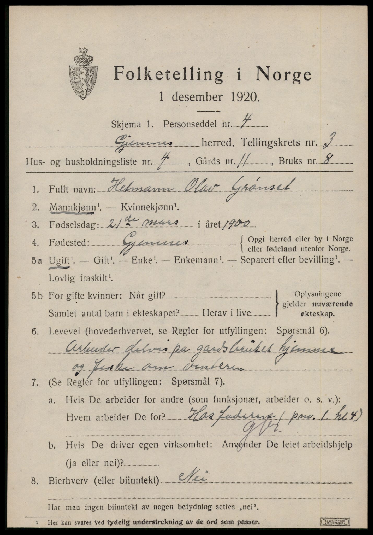 SAT, 1920 census for Gjemnes, 1920, p. 1234