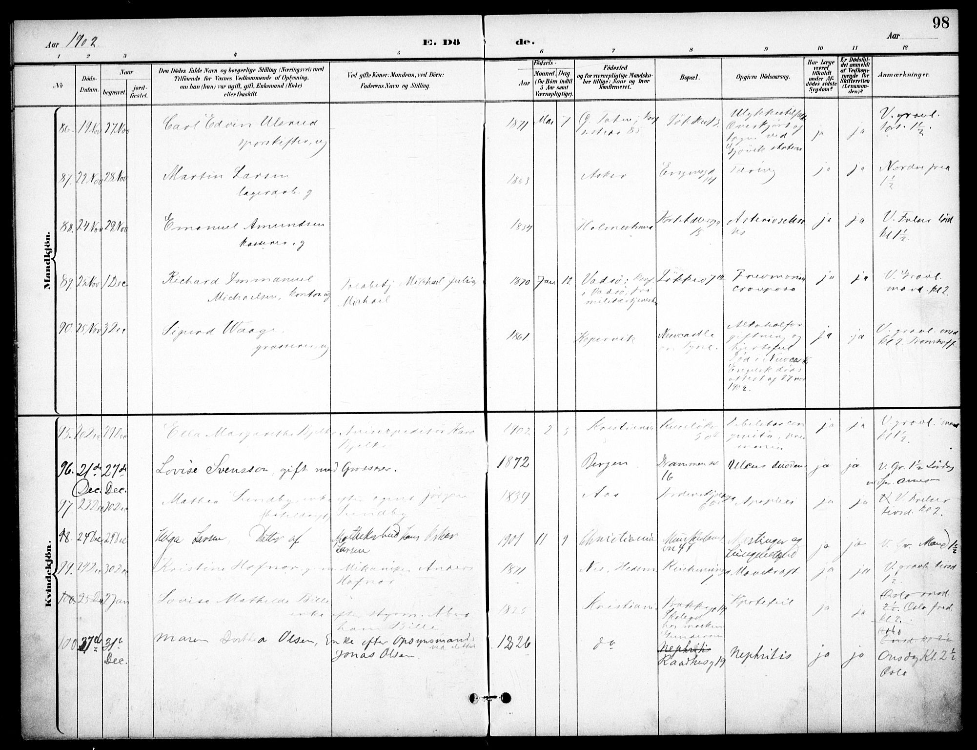 Johannes prestekontor Kirkebøker, AV/SAO-A-10852/F/Fa/L0008: Parish register (official) no. 8, 1897-1917, p. 98