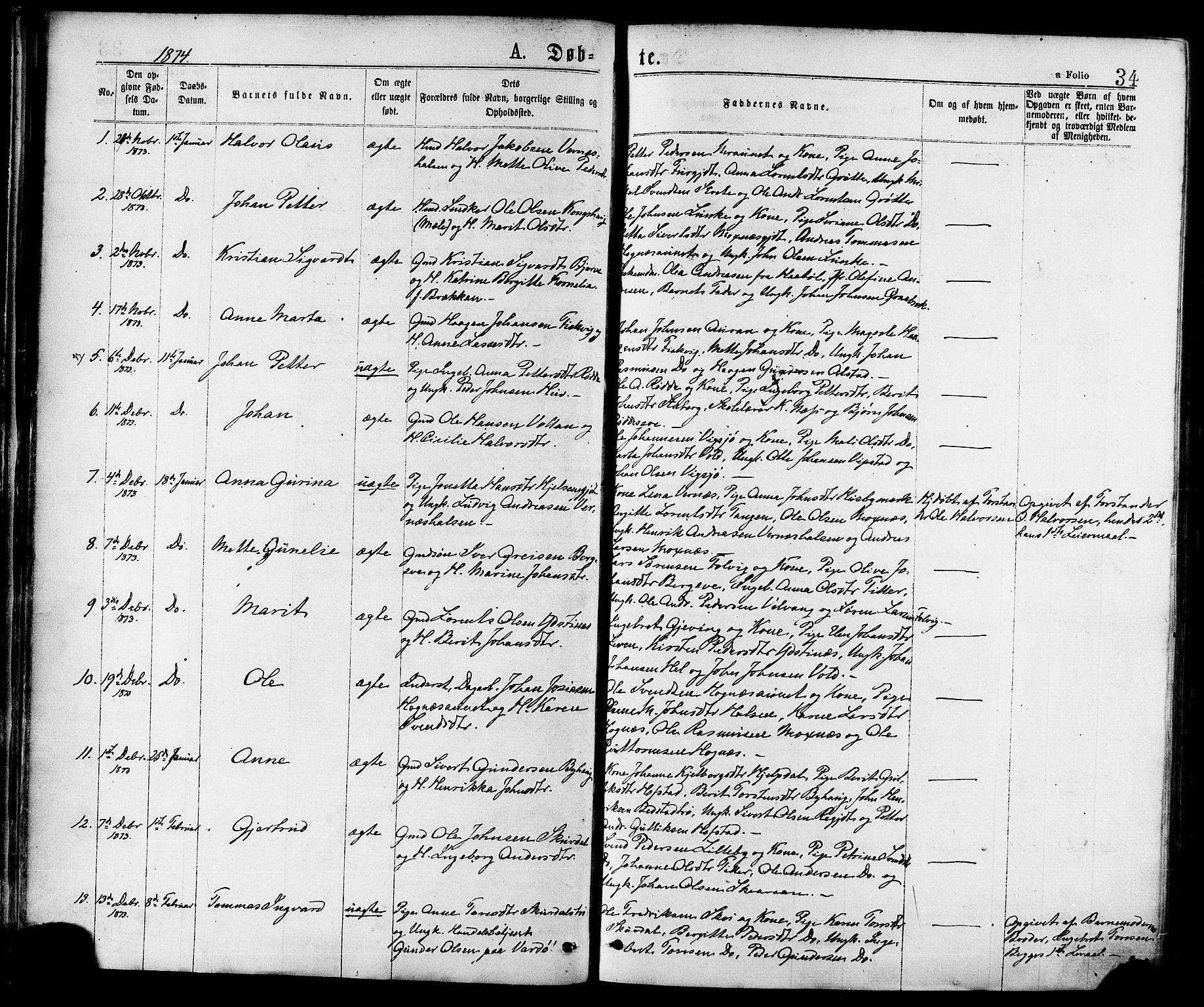 Ministerialprotokoller, klokkerbøker og fødselsregistre - Nord-Trøndelag, AV/SAT-A-1458/709/L0076: Parish register (official) no. 709A16, 1871-1879, p. 34