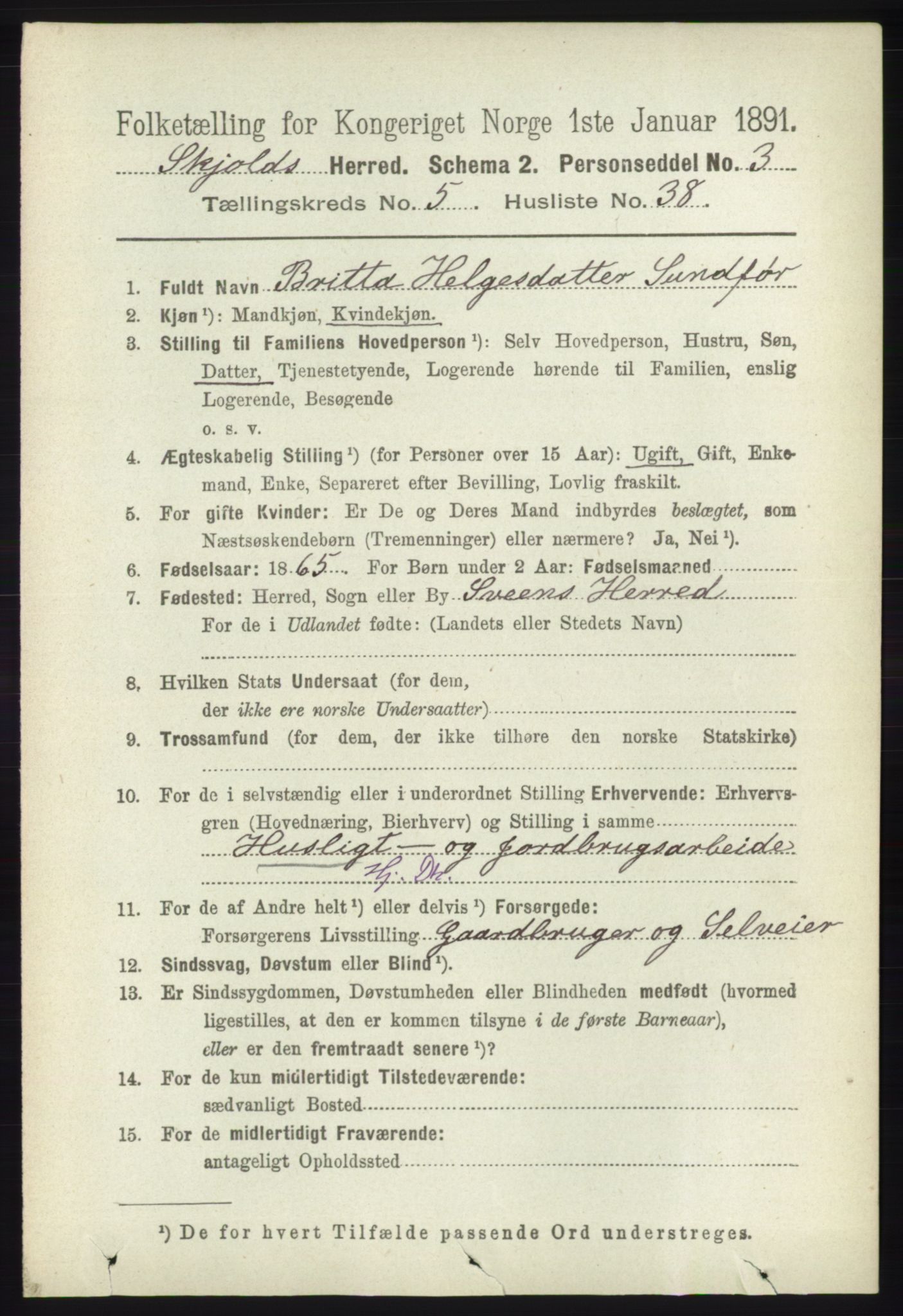 RA, 1891 census for 1154 Skjold, 1891, p. 945