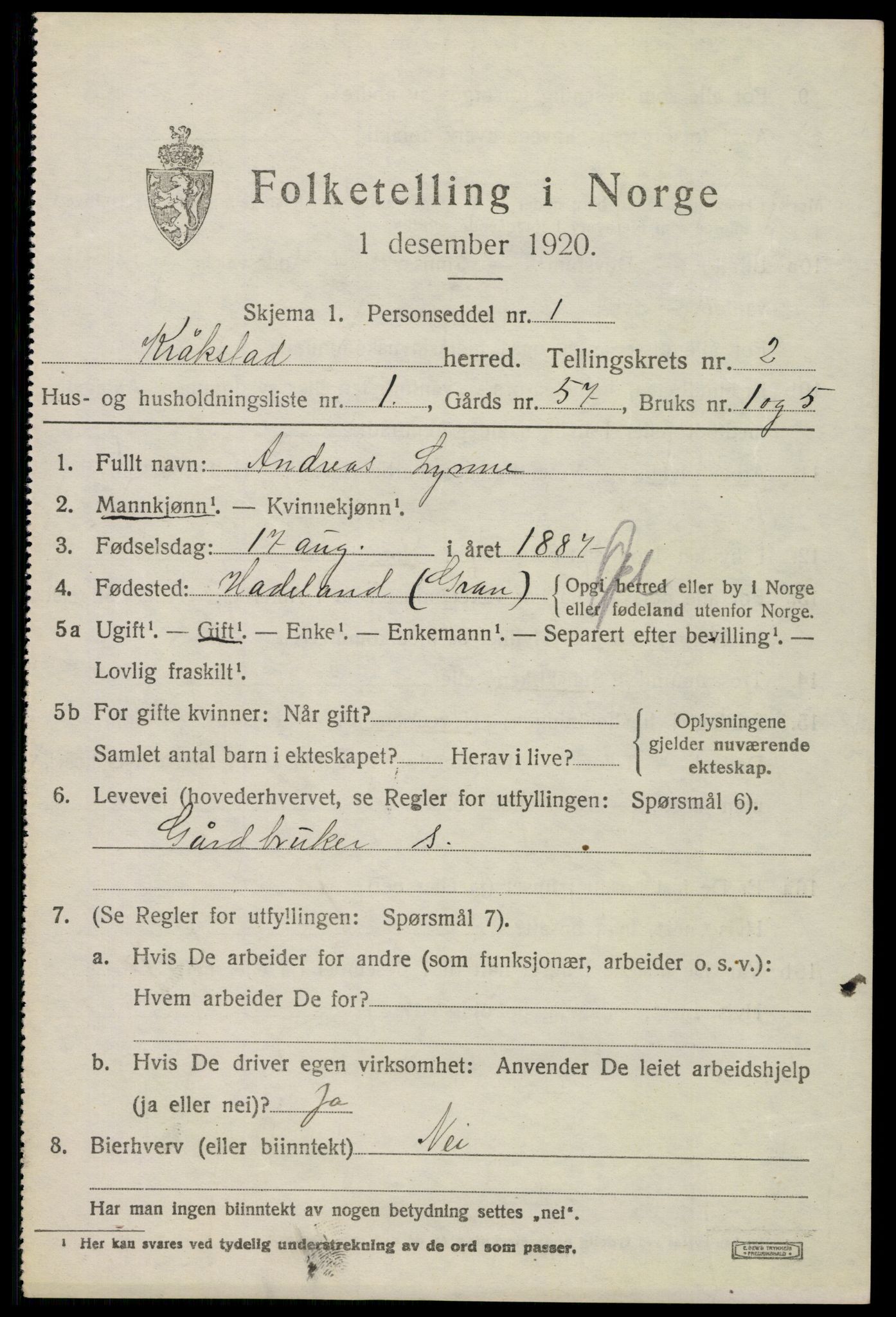 SAO, 1920 census for Kråkstad, 1920, p. 2707