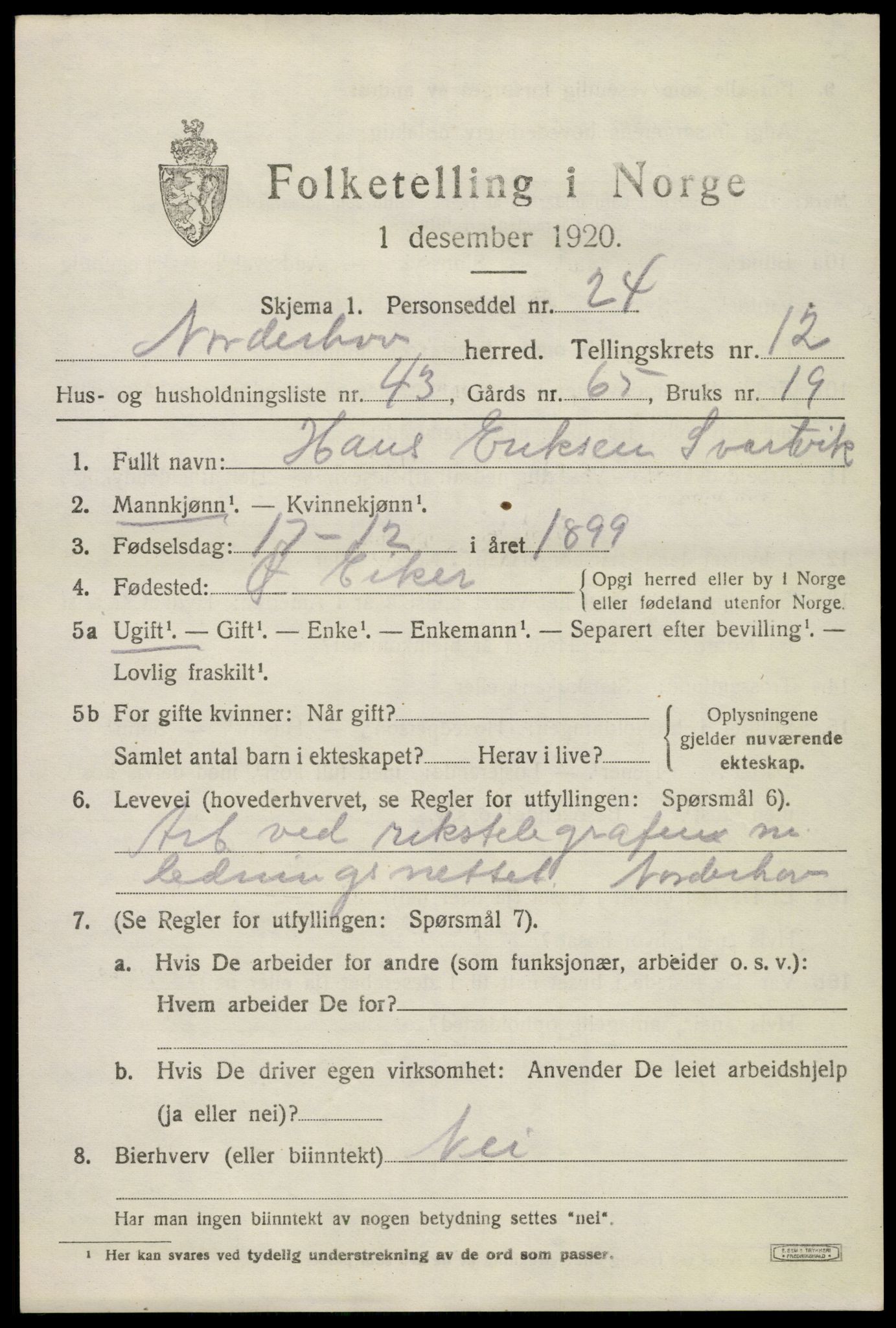 SAKO, 1920 census for Norderhov, 1920, p. 14240