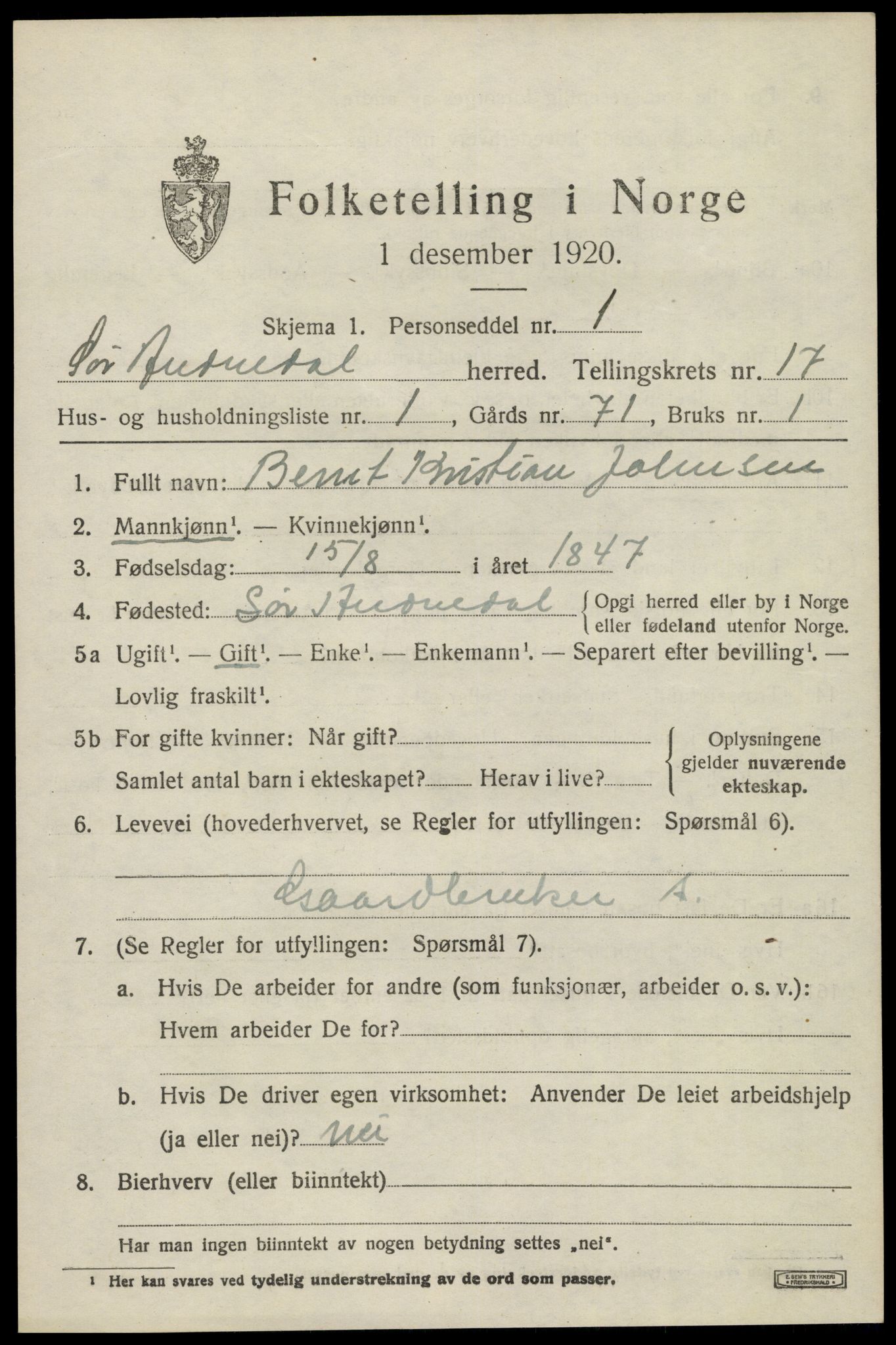 SAK, 1920 census for Sør-Audnedal, 1920, p. 6309