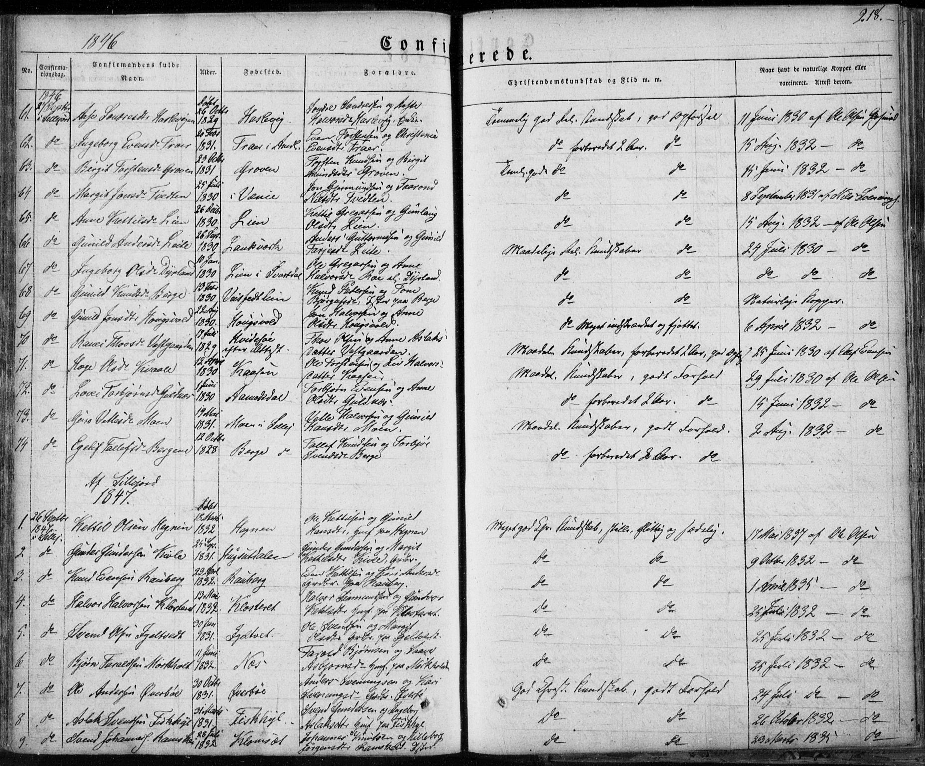 Seljord kirkebøker, AV/SAKO-A-20/F/Fa/L0011: Parish register (official) no. I 11, 1831-1849, p. 218
