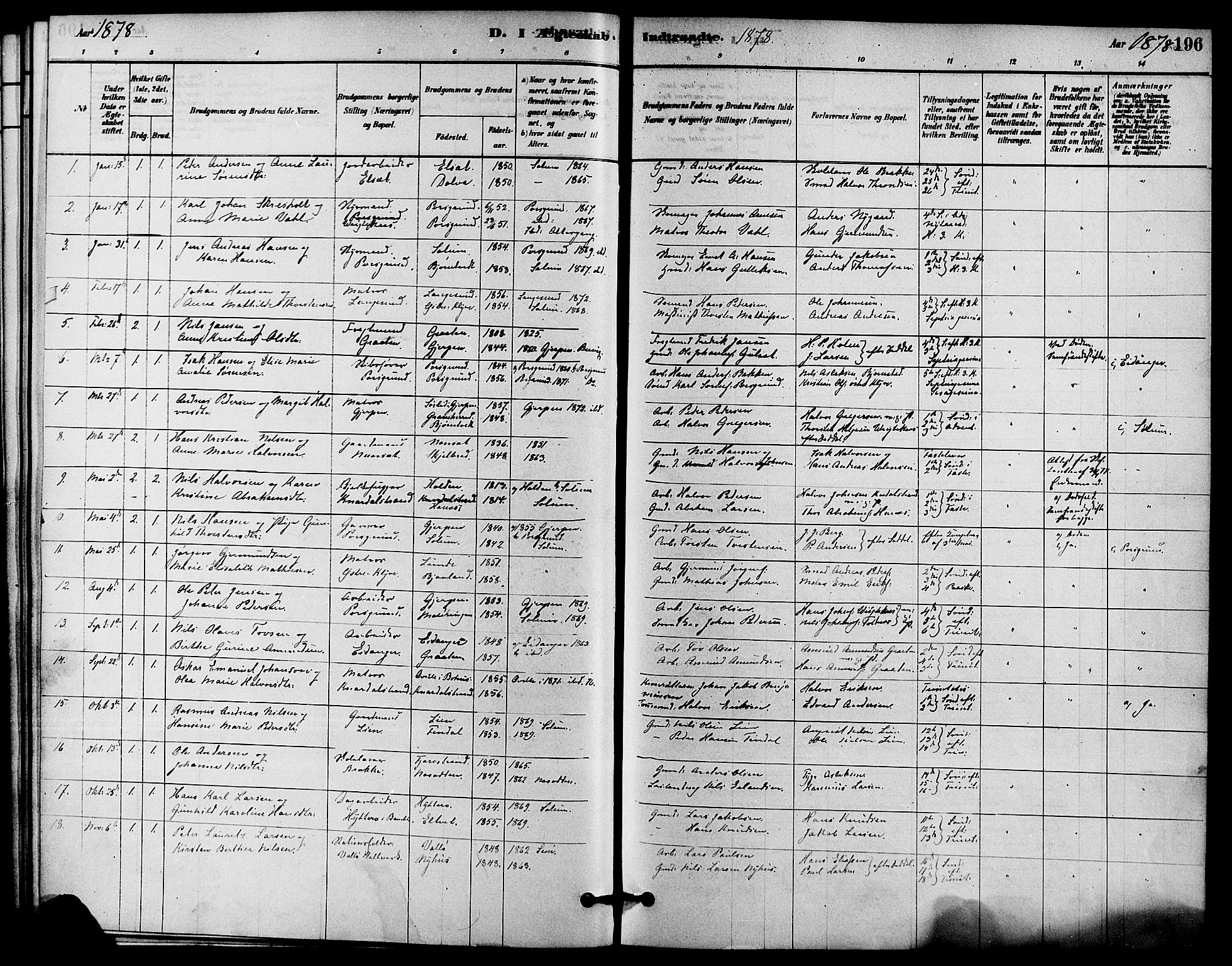 Solum kirkebøker, SAKO/A-306/F/Fa/L0009: Parish register (official) no. I 9, 1877-1887, p. 196