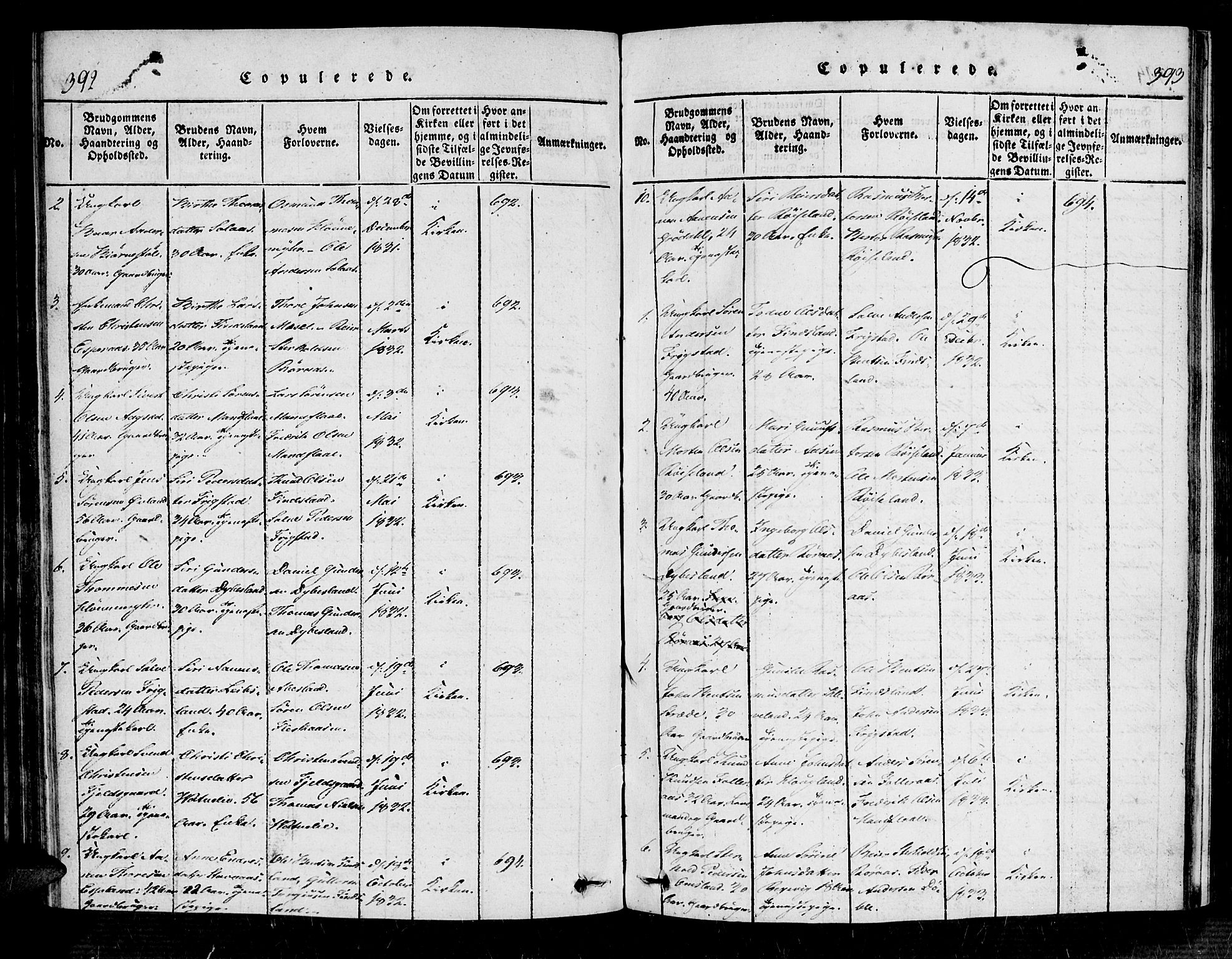 Bjelland sokneprestkontor, AV/SAK-1111-0005/F/Fa/Fab/L0002: Parish register (official) no. A 2, 1816-1869, p. 392-393