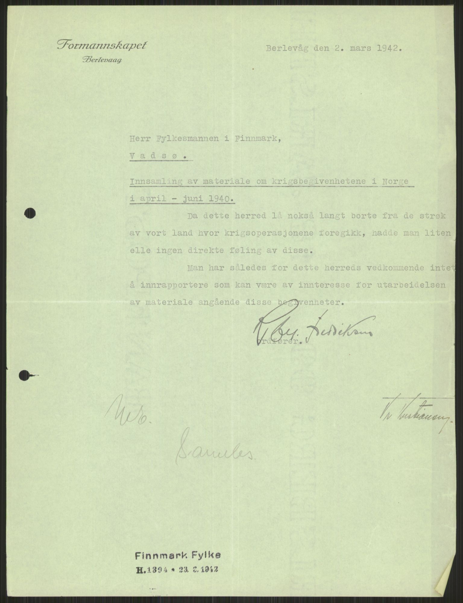 Forsvaret, Forsvarets krigshistoriske avdeling, AV/RA-RAFA-2017/Y/Ya/L0017: II-C-11-31 - Fylkesmenn.  Rapporter om krigsbegivenhetene 1940., 1940, p. 700