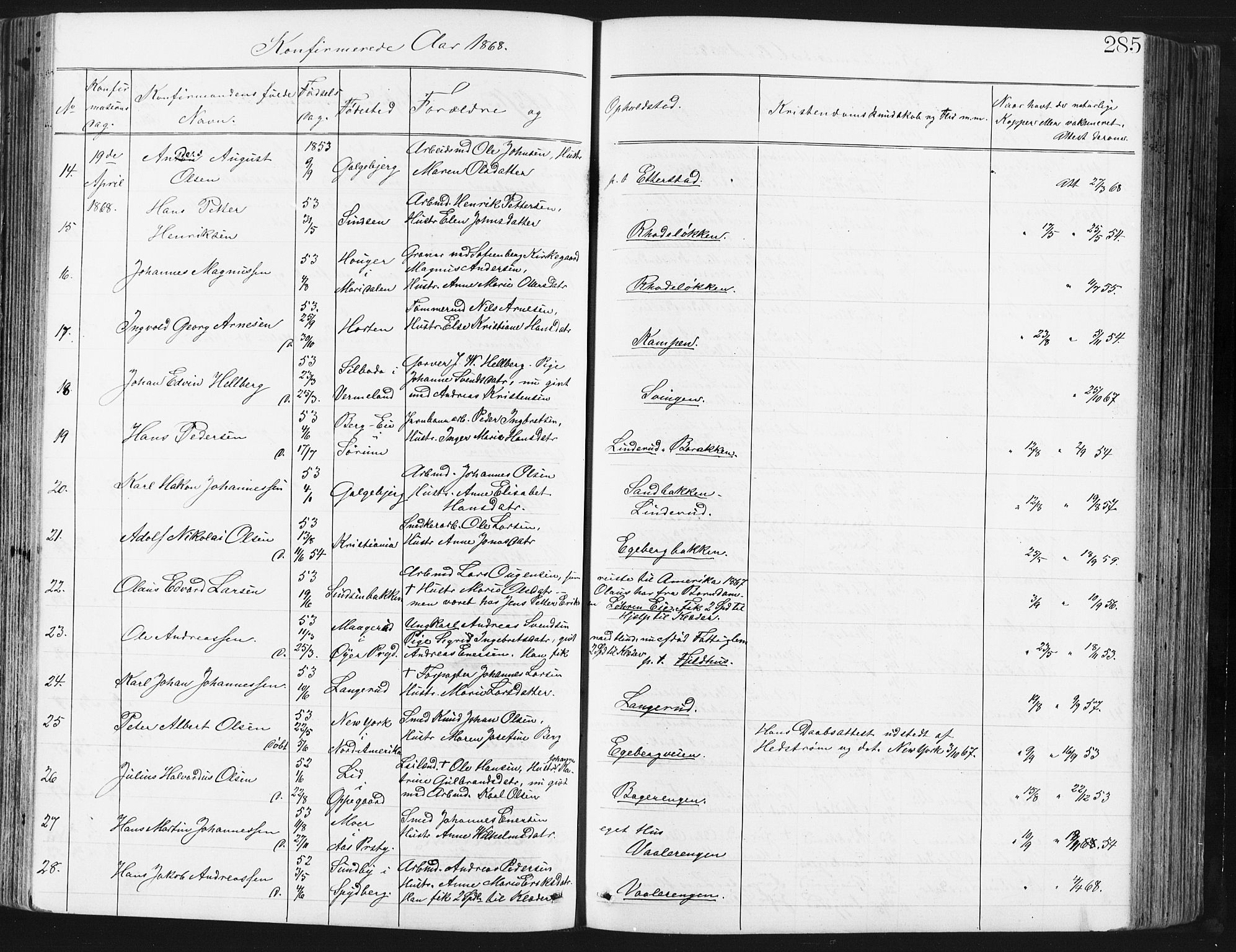 Østre Aker prestekontor Kirkebøker, SAO/A-10840/G/Ga/L0003: Parish register (copy) no. I 3, 1868-1913, p. 285